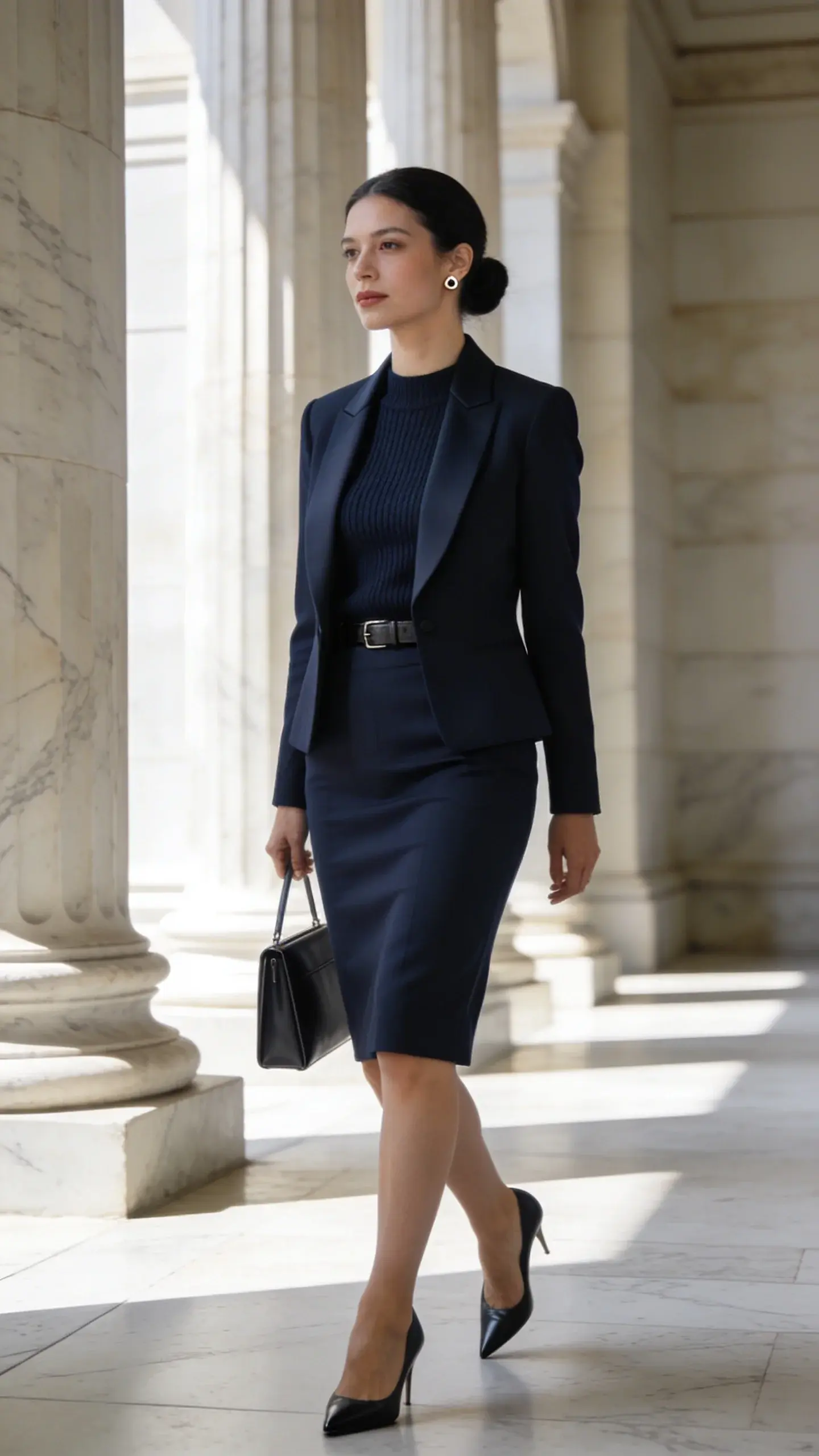 Realistic high-fashion photo of a poised female attorney walking through a marble courthouse corridor, wearing a monochrome power suit set that quietly dominates: deep navy head-to-toe ensemble with a fine-gauge knit top, matching tailored pencil skirt, and a coordinated collarless blazer with clean lines. She pairs it with low-profile pointed-toe pumps in the same navy tone, a slim leather belt tone-on-tone, a structured slimline tote in matching navy, and minimalist stud earrings. Subtle mix of textures—matte knit, softly lustrous wool suiting, and smooth leather—creates depth within the single hue. Hair in a sleek low bun, natural polished makeup. Confident stride, calm expression, shoulders relaxed. Background: sunlit neoclassical columns, pale stone floors, soft depth of field. Lighting: bright, diffused daylight that highlights the monochrome layers without glare. Color palette restricted to deep navy and neutrals, no contrasting accents. Shot on a full-frame camera, 50mm lens, f/2.8 for creamy bokeh; editorial, realistic, high-resolution, no text.