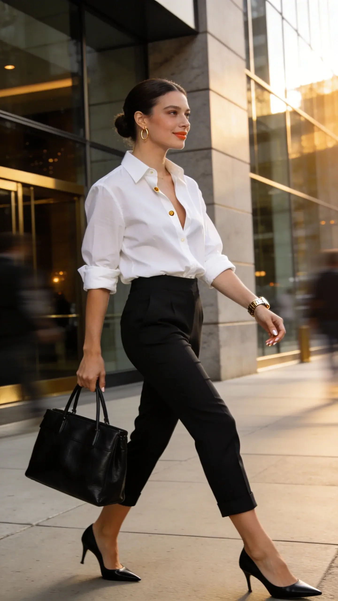 Realistic high-fashion street style photo of a confident woman wearing tailored black capri pants and a slightly oversized crisp white button-down shirt, top two buttons undone with a relaxed half-tuck; sleeves sharply pressed then pushed up to mid-forearm. She pairs the look with black pointed-toe slingback heels, a structured black leather tote carried in hand, thin gold hoop earrings, and a classic gold watch. Setting: chic city sidewalk outside a modern glass-and-stone office building in late afternoon golden hour, subtle motion blur of pedestrians for energy. Styling details: clean center-part low bun, minimal dewy makeup with soft taupe liner, natural peach lip; nails in sheer nude. Fabric textures visible—matte, well-tailored crepe capris; crisp cotton poplin shirt with faint sheen; smooth leather tote. Pose: mid-stride, slight smile, glancing sideways as if heading to happy hour after work. Composition: 3/4 body shot, shallow depth of field, warm natural light with soft shadows, color palette of monochrome black/white with gold accents. Ultra-detailed, editorial quality, high-resolution, no text.