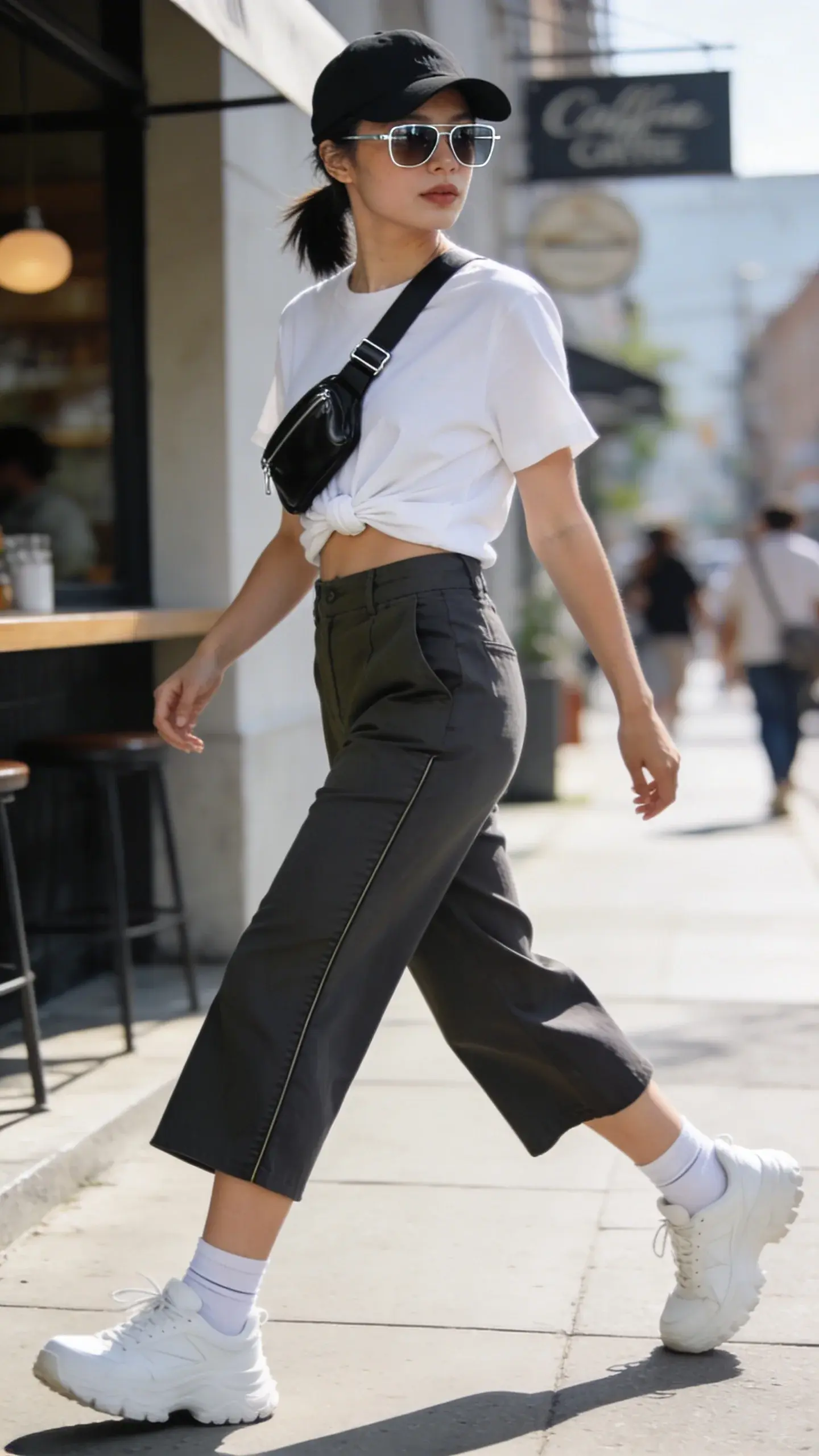 Realistic street-style photo of a woman wearing sporty-chic capri pants, captured candidly mid-stride on a sunny city sidewalk near a minimalist café. She is the main subject: high-waisted cotton capris in charcoal with subtle front seams and a slight flare that hits mid-calf, paired with a boxy cropped tee in crisp white, casually knotted at the waist to define her shape. On her feet: chunky white sneakers with thin, white ankle socks just peeking above. Accessories: a sleek black crossbody belt bag worn across the chest, a black baseball cap, and slim, thin-metal rectangle sunglasses in silver. She has dewy, natural makeup and a low ponytail tucked through the cap. Lighting is bright, clean, and natural with soft shadows; background features muted urban tones, blurred pedestrians, and café signage out of focus. Composition is three-quarter length, eye-level, with a shallow depth of field to emphasize texture of cotton capris and tee, sneaker details, and the effortless, model-off-duty vibe. Color palette: charcoal, white, black, olive accents, and subtle silver metal. High-resolution, editorial fashion photography, no text.