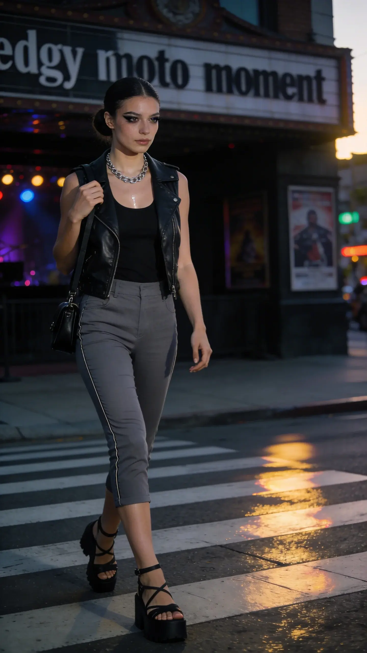 Summer street-style photo of a chic woman in an “edgy moto moment” look: charcoal grey, slim-fit capri pants with clean seam detailing (no cargo pockets), paired with a waist-length black faux-leather moto vest layered over a sleek black tank. She wears chunky black ankle-strap sandals, a silver chain necklace, and carries a black mini shoulder bag. Beauty: smudgy black eyeliner, dewy skin, and a slick, center-parted low bun. Setting: early evening downtown street outside a concert venue, neon reflections on pavement, blurred city lights and posters in the background for a gritty-cool vibe. Pose: confident stride across crosswalk, one hand grazing the bag strap, the other by her side. Lighting: moody golden-hour mixed with cool street neon, soft directional shadows. Color palette: charcoal, black, and metallic accents. High-resolution, realistic fashion photography, shallow depth of field, full-body frame, editorial quality. No text.