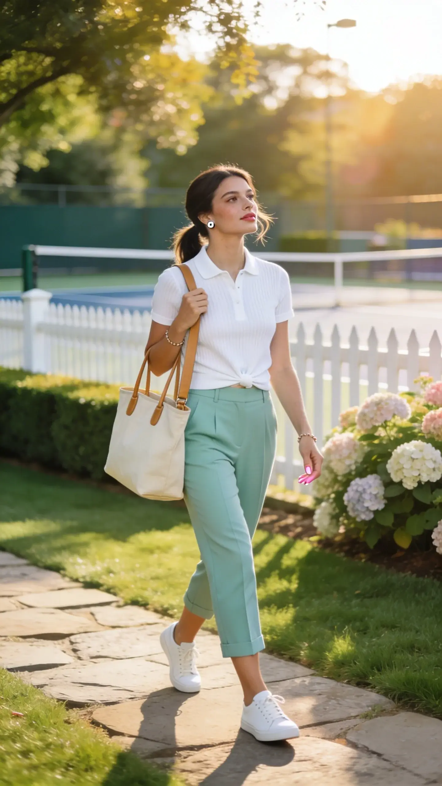 Realistic high‑quality fashion photo of a stylish woman wearing pastel capri pants and a fitted knit polo, embodying effortless summer chic. Setting: bright, sunlit country-club adjacent scene (manicured lawn and white picket fence in background, tennis courts out of focus), golden-hour light. Outfit: pressed-crease pastel capris in mint that hit mid-calf, white fitted short‑sleeve knit polo French‑tucked at the front to define the waist, white low‑profile leather sneakers, simple silver stud earrings, delicate tennis bracelet, and a natural canvas tote with tan leather handles draped over her forearm. Beauty: soft summer makeup—dewy skin, clear lip gloss, light mascara, brushed brows; hair in a neat low ponytail with a few soft face-framing strands. Pose: relaxed walking stride on a stone path, one hand casually adjusting the tote strap, chin slightly lifted, confident preppy energy. Styling details: clean pressed crease visible on capris, subtle ribbing on polo, no logos; crisp whites balanced with mint pastel; nails in sheer pink. Background: shallow depth of field with blooming hydrangeas, trimmed hedges, and sun-dappled shadows; color palette of mint, white, cream, and soft greens. Shot on a full-frame DSLR with a 50mm lens, f/2.2 for creamy bokeh, natural light, high resolution, editorial street-style composition, no text.