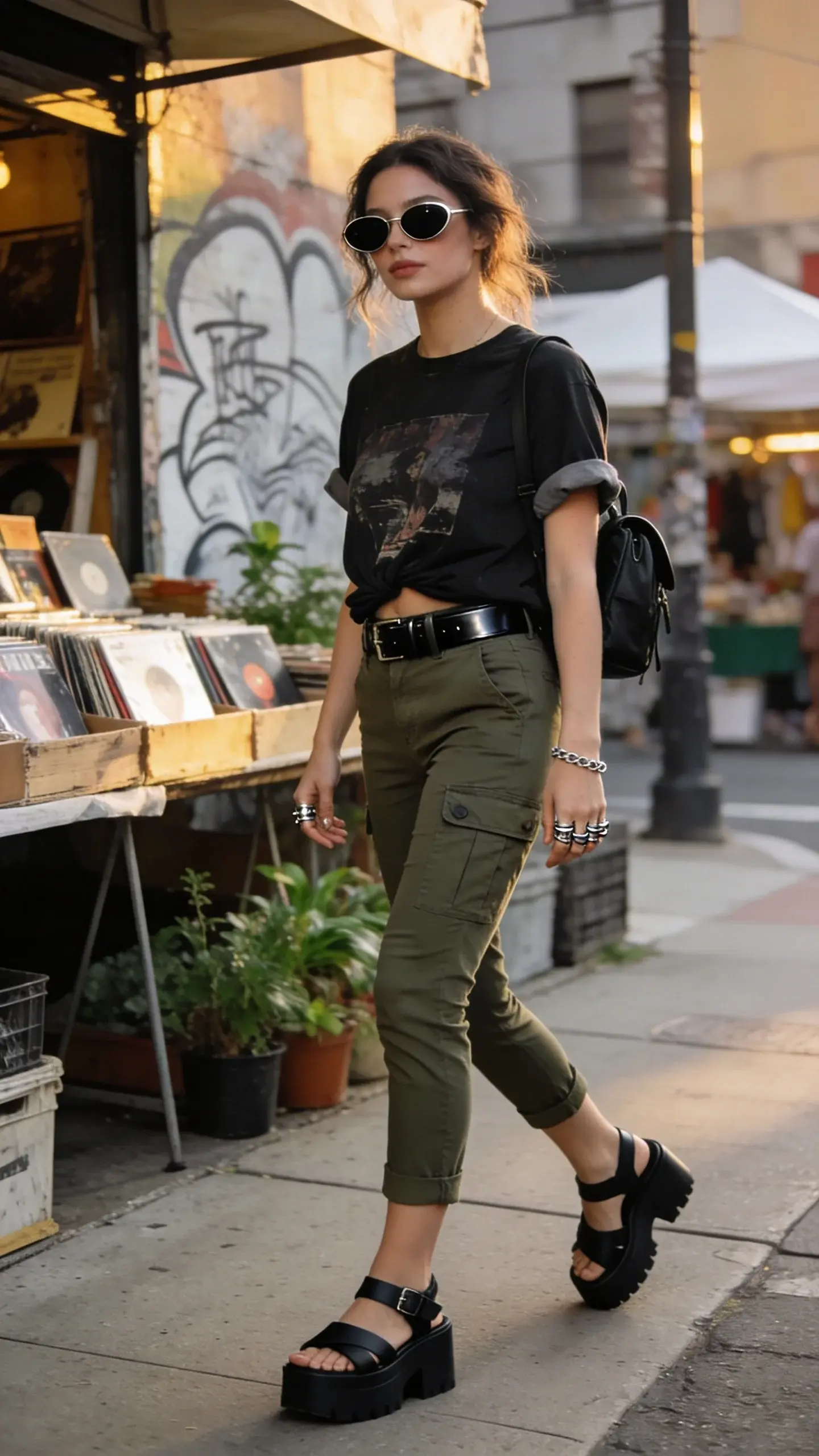 Urban summer street-style scene featuring a confident woman in slim-fit cargo capri pants and a vintage graphic tee, captured in natural daylight on a city sidewalk near a flea market setup. She wears olive green cargo capris that are slim through the thigh with low-profile side pockets, cinched with a black leather belt. Her slightly oversized, faded black graphic tee is tucked loosely at the front with rolled sleeves for shape. Footwear: chunky platform black sandals with wide straps. Accessories: small black mini backpack worn on one shoulder, stacked silver rings on multiple fingers, thin chain bracelet, and retro oval black sunglasses. Hair is undone and slightly wavy, minimal glowy makeup. She stands mid-stride near a street mural and vendor tables with vintage records and plants, giving candid movement. Golden-hour lighting with soft shadows, shallow depth of field highlighting texture of cotton tee and twill cargos. Color palette: olive, black, charcoal, and subtle metallics. Photorealistic, 35mm look, editorial street fashion photography, no text.