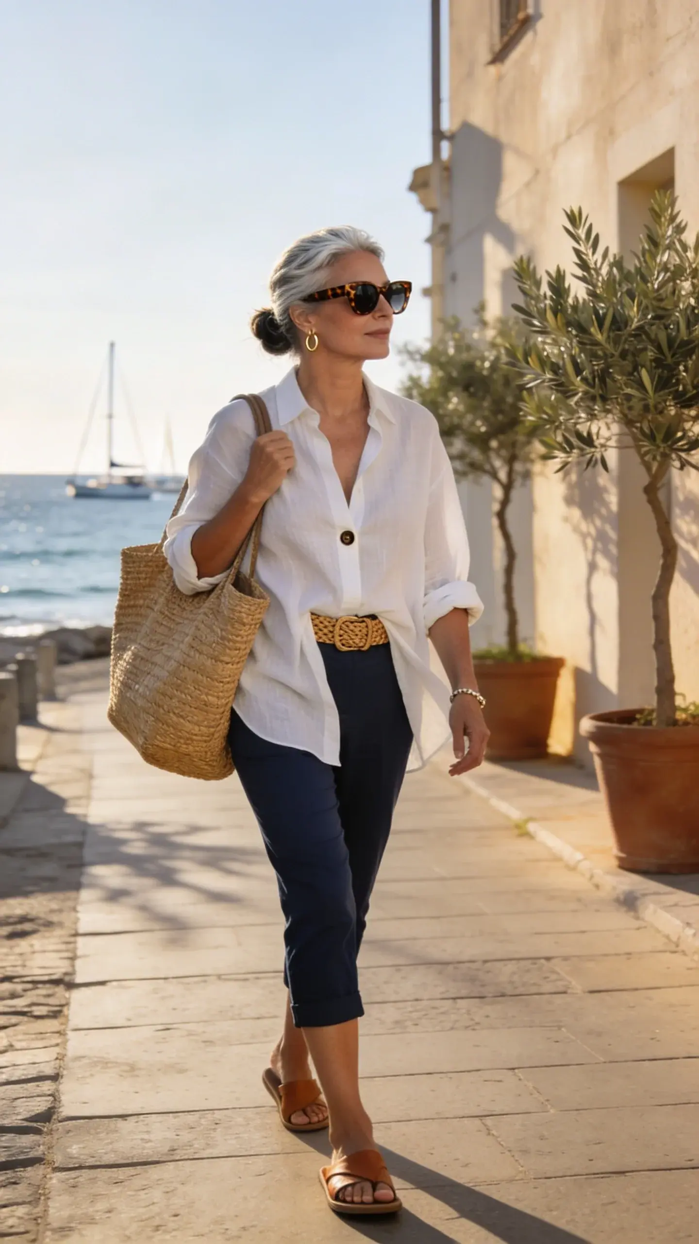 Golden-hour coastal street scene with a chic “coastal-grandma” vibe: a sophisticated woman in her late 40s to early 60s with sun-kissed skin and natural silver-streaked hair in a loose low bun, wearing slim navy capri pants and an oversized white linen button-up with only the middle two buttons fastened, the rest draping open. Sleeves rolled to mid-forearm, a subtle front center-tuck to hint at a tan woven belt, and tan leather slide sandals. She carries a large woven oversize tote on her shoulder and wears tortoiseshell sunglasses. Minimal gold hoops and a delicate bracelet. The backdrop is a breezy seaside town sidewalk with pale stucco walls, soft shadows, and potted olive trees; a glimpse of ocean and sailboats in the distance. Natural sunlight, soft contrast, filmic color grading, editorial street-style composition shot at eye level, shallow depth of field highlighting the airy linen texture and clean lines of the slim capris. No text, hyper-realistic photography, 50mm lens look.