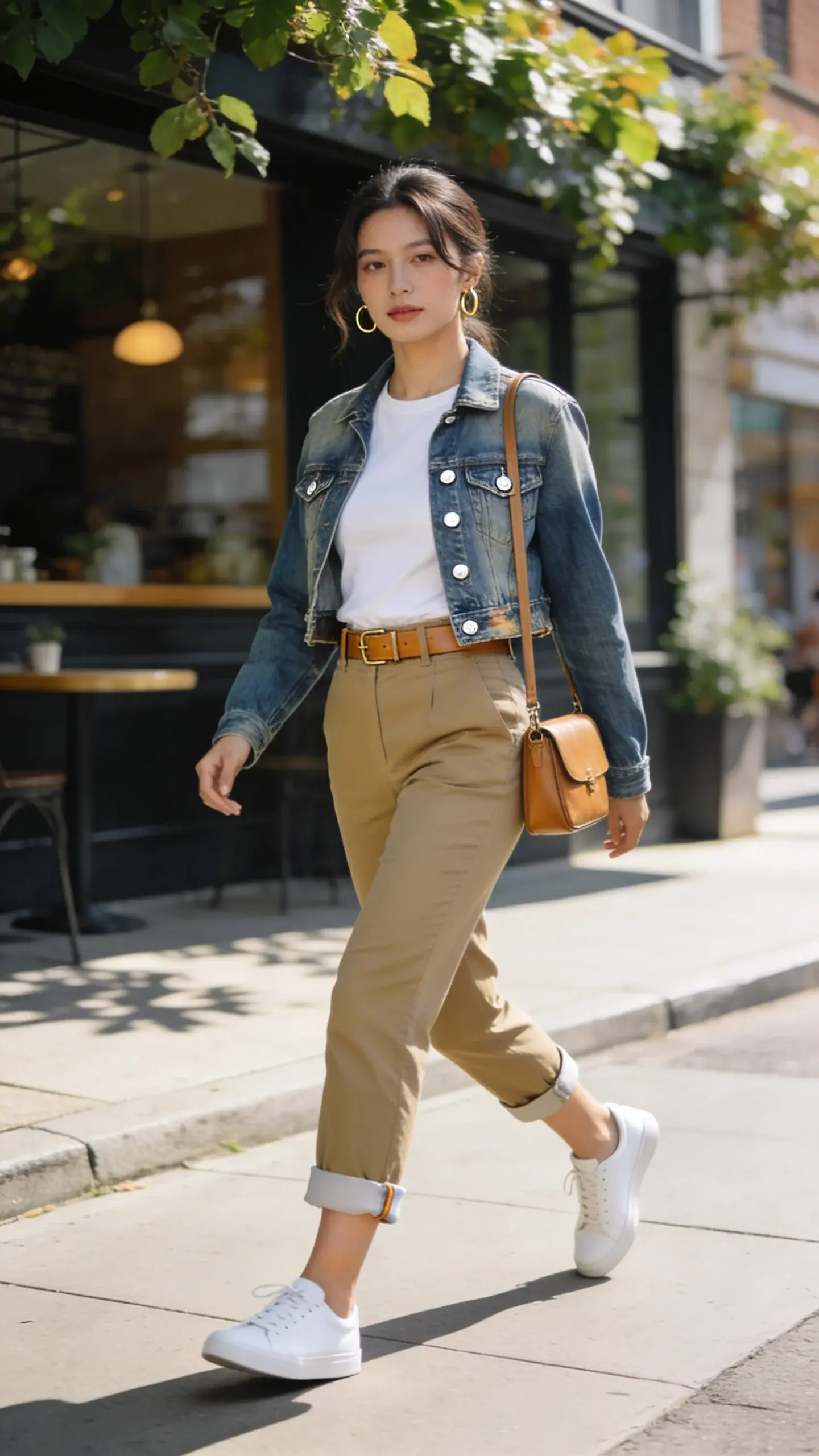 Realistic street-style photo of a woman wearing khaki capri pants and a mid-wash cropped denim jacket, captured candidly on a sunlit city sidewalk during a summer weekend. She pairs slim straight-leg khaki capris with a single rolled hem to reveal a sliver of ankle, a fitted white crewneck tee tucked in, a slim tan leather belt, clean white low-top sneakers, and a small tan leather crossbody bag worn on the shoulder. The denim jacket is slightly shrunken to highlight the waist, with subtle worn-in fading and silver hardware. Natural, minimal makeup, loosely pulled-back hair with a few face-framing strands, and simple gold hoop earrings. She’s mid-stride past a leafy café frontage with soft shadows, bright but diffused daylight, shallow depth of field, and warm, true-to-life color grading. Emphasis on texture contrast: crisp cotton capris, soft broken-in denim, smooth leather accessories. Shot at eye level, 50mm lens look, editorial yet candid vibe, ultra-high resolution, no text.