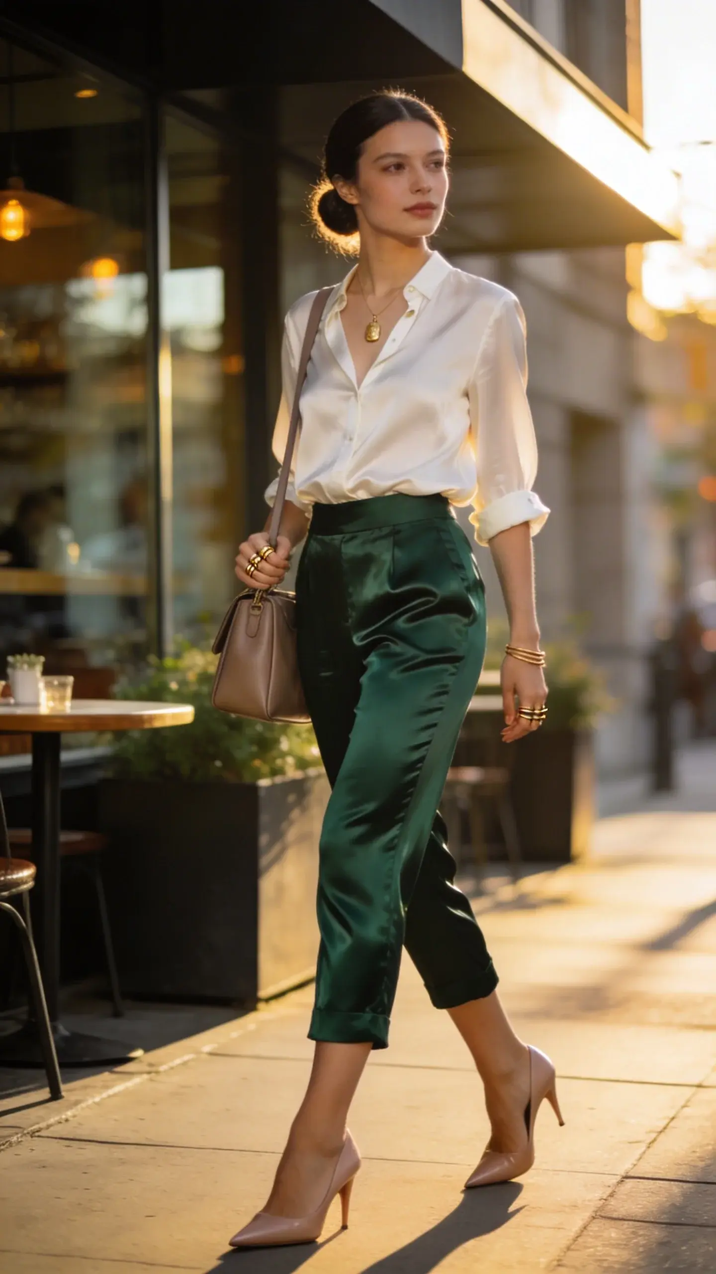 Golden-hour, high-resolution street-style photo of a woman wearing satin-finish capri pants and a silk blouse that transition from desk to dinner: she stands on a sunlit city sidewalk outside a modern bistro, mid-stride, natural movement in the fabrics. Outfit: deep green satin-finish capris hitting mid-calf with a subtle sheen; ivory silk blouse tucked and softly bloused at the waist, slender cuffs unbuttoned; nude pointed kitten heels; structured shoulder bag in matte taupe leather; delicate gold pendant necklace and thin gold stacking rings. Styling: minimal makeup with soft glow, sleek low bun. Balance of shine and matte textures emphasized—capris and blouse catch gentle light while accessories stay matte. Lighting: warm, directional late-afternoon sun with soft shadows; shallow depth of field to blur urban background (glass facade, planters, hint of café tables). Color palette: deep green, ivory, taupe, nude, soft gold. Photographic style: editorial fashion, full-body, eye-level, crisp details in fabric drape and sheen, no text.