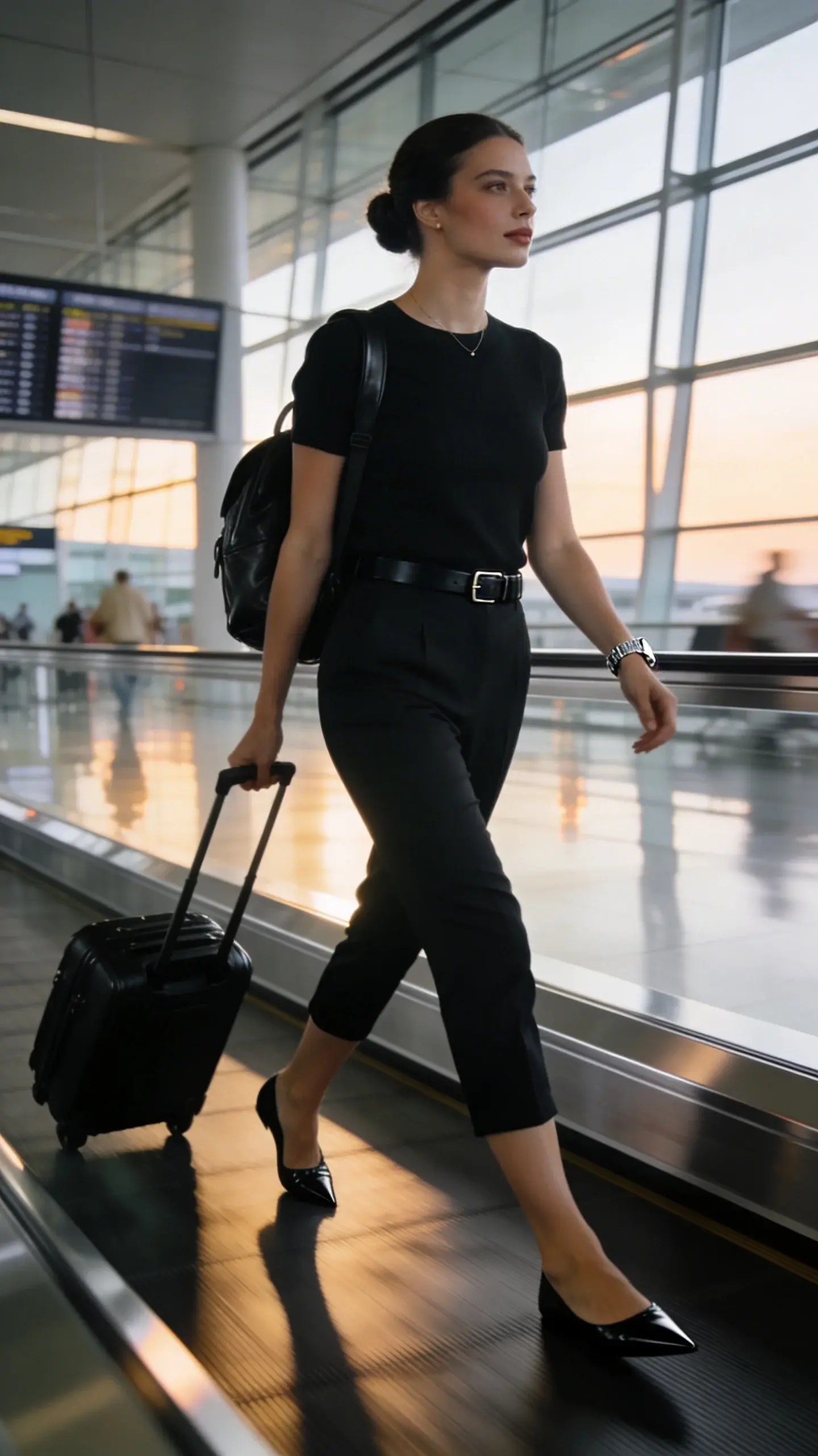 Realistic high-fashion street-style photo of an elegant woman wearing a black-on-black city-sleek travel outfit, set in a modern airport terminal at dawn with soft natural light filtering through large glass windows. She wears tailored black ponte capri pants with a flat front and clean hem cropped 1–2 inches above the ankle, a fitted short-sleeve black knit top, and pointed-toe black leather flats. Accessories: slim silver watch, thin black leather belt with a minimal buckle, and a compact black leather backpack worn on one shoulder. Her hair is smooth and polished in a low bun, subtle airport-ready makeup, minimal jewelry. Pose: mid-stride on a moving walkway, relaxed yet purposeful, rolling a small black carry-on beside her. Styling emphasizes long, leg-lengthening lines and comfortable sharp tailoring. Background details: glossy floors reflecting light, blurred departure boards, a few softly out-of-focus travelers in neutral tones to keep attention on the subject. Color palette: deep blacks with soft silver accents. Shot on a full-frame camera with a 50mm lens, shallow depth of field, high-resolution, editorial-quality, no text.