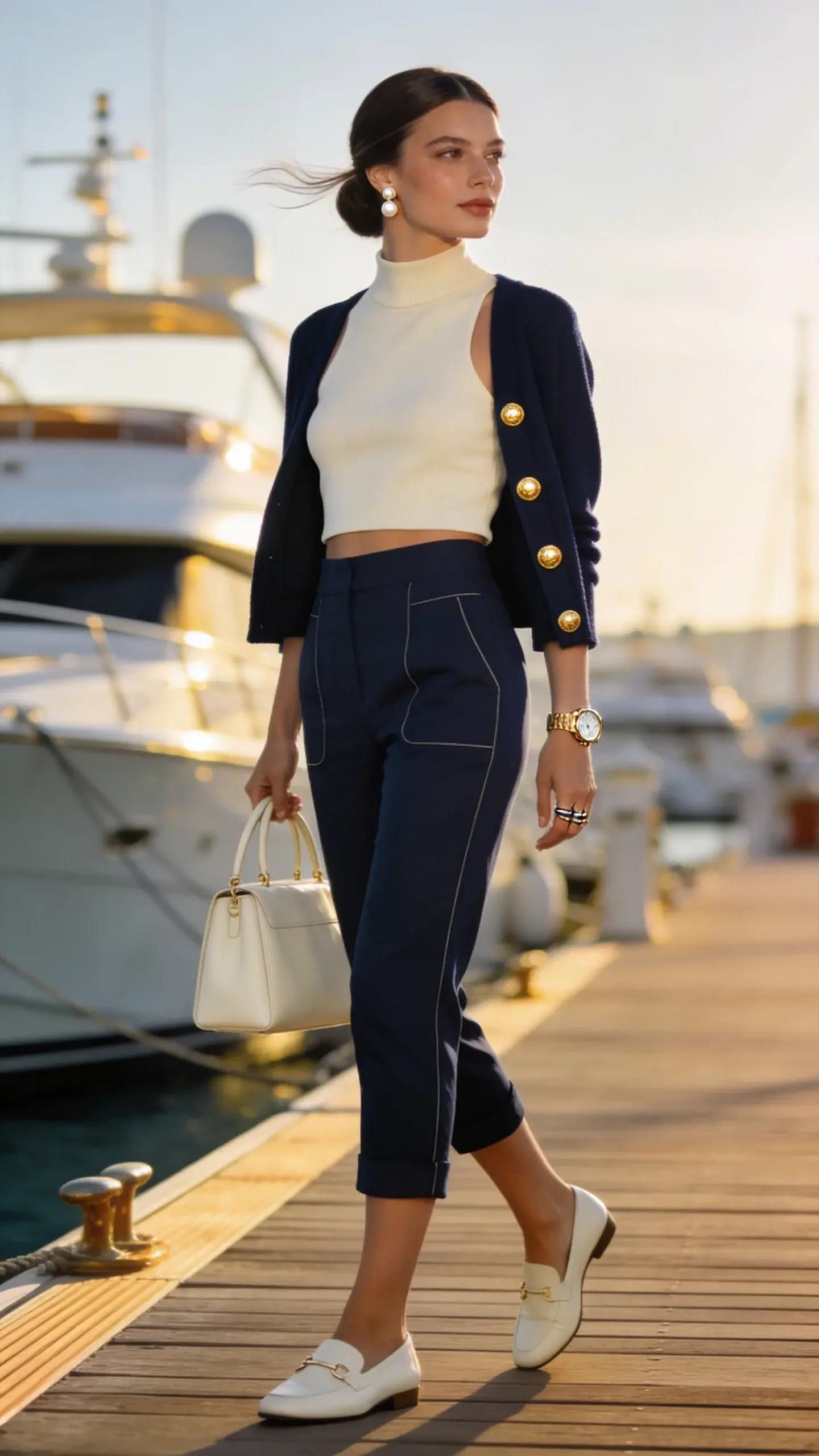 Realistic high-fashion street-style photo of an elegant woman on vacation wearing a nautical-polished outfit: navy high-waisted capri pants with front seams that elongate the legs, a fitted cream sleeveless mock-neck top, and an open, cropped navy cardigan with shiny gold buttons (or a short navy blazer with gold buttons) to reveal the clean mock-neck line. She finishes the look with ivory leather loafers, delicate pearl stud earrings, and a structured cream top-handle bag. Color palette: navy, cream, ivory, gold accents. Setting: upscale marina boardwalk at golden hour with moored yachts and polished teak details; soft coastal breeze subtly moving her hair and cardigan. Styling notes: tailored, crisp lines; minimal makeup with dewy skin, soft liner, neutral lip; neat low bun or sleek blowout; tasteful gold watch and slim ring. Photographic details: full-body, slightly low angle to emphasize leg length, shallow depth of field (subject sharp, background softly blurred), natural warm side lighting, high-resolution 50mm prime lens look, editorial quality, no text.