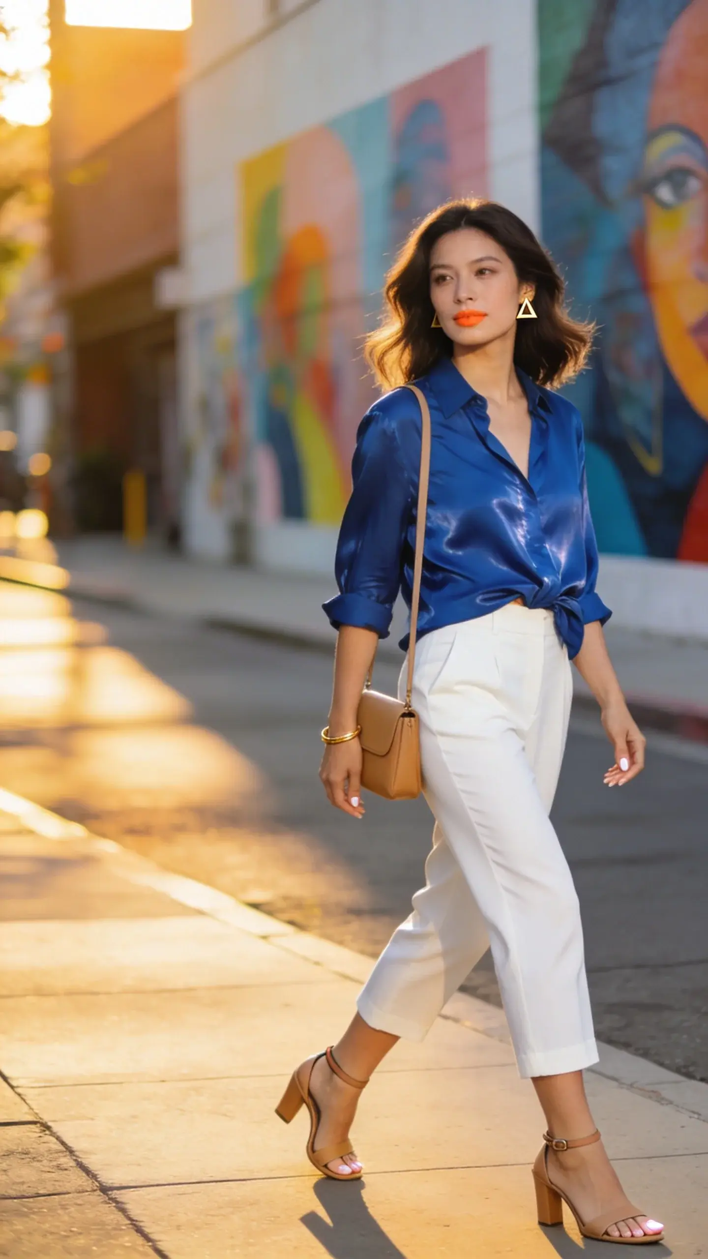 Golden-hour street scene in a contemporary arts district with colorful murals softly blurred in the background; main subject: an elegant woman wearing crisp white tailored capri pants that hit mid-calf and a slightly relaxed, lustrous silk blouse in saturated cobalt blue with a subtle sheen, half-tucked in front to balance proportions. She pairs the look with neutral tan heeled sandals (sleek, minimalist strap), a slim tan minimalist crossbody bag worn on the shoulder, small geometric stud earrings in gold, and a thin gold cuff bracelet. Her styling is polished yet effortless: smooth blowout, natural-glow makeup with a soft coral lip, clean nude manicure. She’s mid-stride on a sunlit sidewalk, soft directional light creating gentle shadows, capturing refined movement. Composition is three-quarter length, eye-level, shallow depth of field for a gallery-ready vibe; color palette emphasizes crisp white and bold cobalt against neutral accessories, with realistic textures—silk drape, cotton twill, leather grain—shot on a full-frame camera, ultra-high resolution, editorial fashion photography.