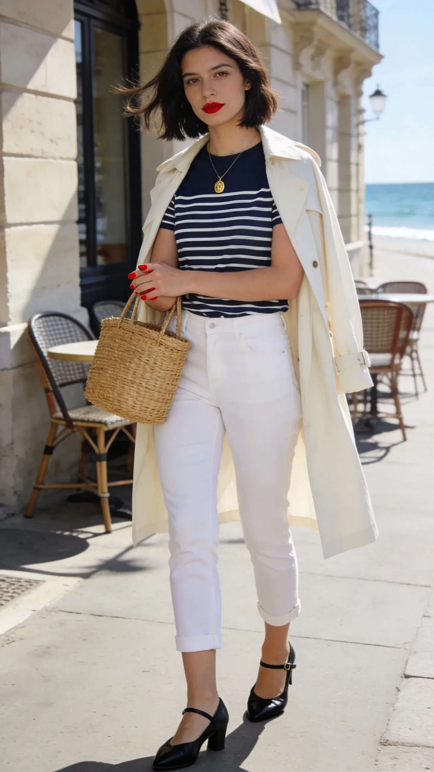Realistic street-style photograph of a chic woman wearing crisp white capri pants (slim, ankle-grazing) paired with a navy-and-white Breton stripe tee tucked in cleanly, styled with black leather Mary Jane ballet flats (slight heel, almond toe). She carries a medium woven basket bag on her forearm, wears a delicate gold pendant necklace, and has a lightweight cream trench draped over her shoulders. Add a subtle red accent via a classic red lip and short red manicure. Setting: sunlit Parisian seaside-adjacent street with pale stone facades, café chairs, and soft shadows; early spring light, a light breeze gently moving hair and trench. Model: late 20s, natural makeup, effortless French-girl vibe, soft brunette bob. Color palette: navy, white, cream, black, straw, touch of red. Composition: three-quarter body, eye-level, shallow depth of field, editorial quality, 50mm lens look, natural light, sharp details in fabric texture and basket weave, no text.