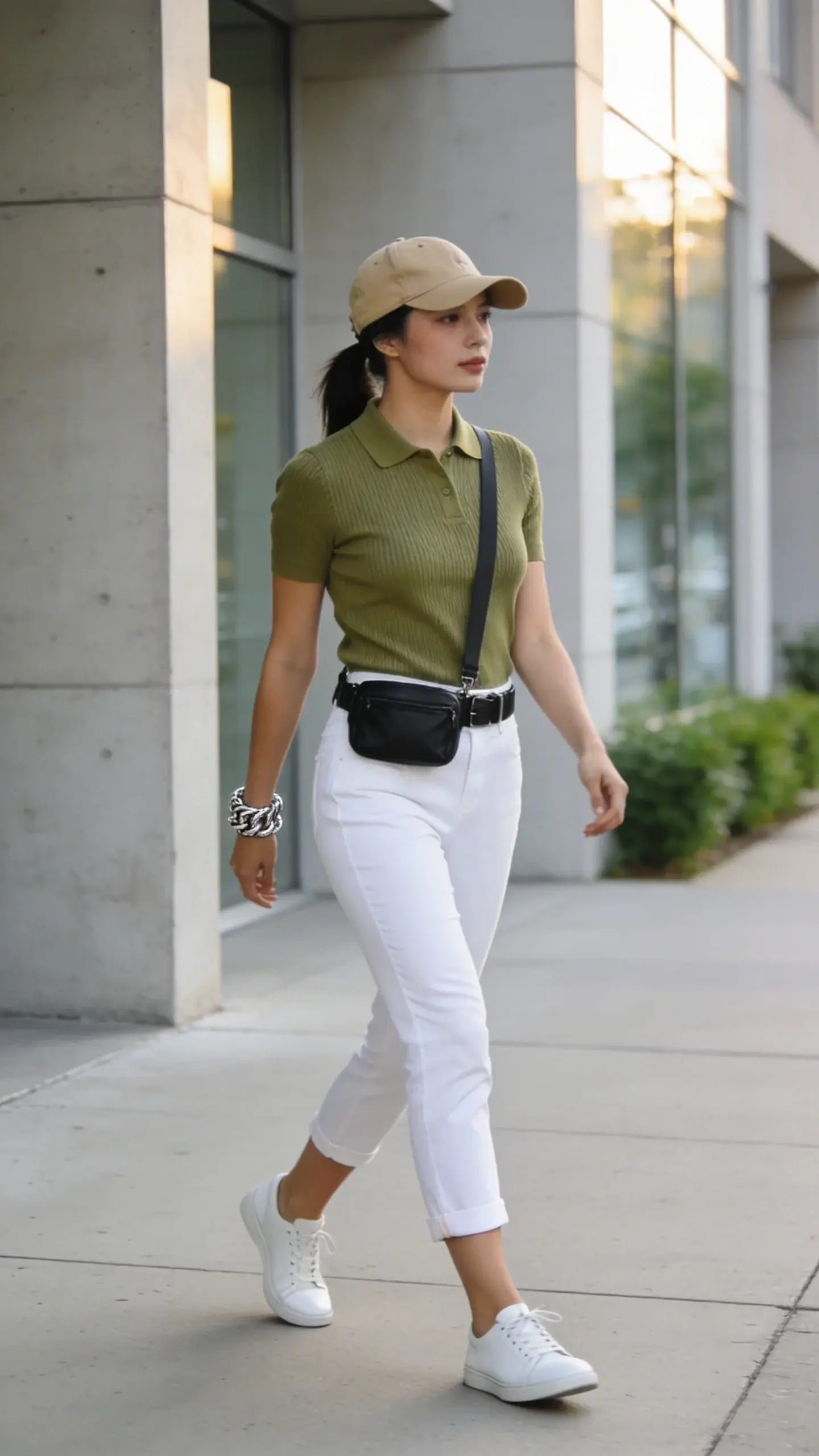 Realistic street-style fashion photo of a woman wearing crisp white slim, ankle-skimming capri pants styled in a sporty-chic way: a fitted-but-not-tight knit polo shirt in sage green, minimal white leather sneakers, a sand-colored baseball cap, a chunky silver bracelet, and a compact black belt bag worn crossbody. She’s mid-stride on a clean urban sidewalk with soft morning light, subtle depth of field, and neutral architectural background (concrete, glass, and greenery). The outfit feels intentional and preppy-athletic, showcasing the sleek line of the capris and polished sneakers. Natural makeup, low ponytail tucked under the cap. Color palette: white, sage, sand, black, silver. Emphasize texture of knit polo, smooth cotton capris, and leather sneakers. Photographed at eye level, full-body, high-resolution, editorial quality, no text.