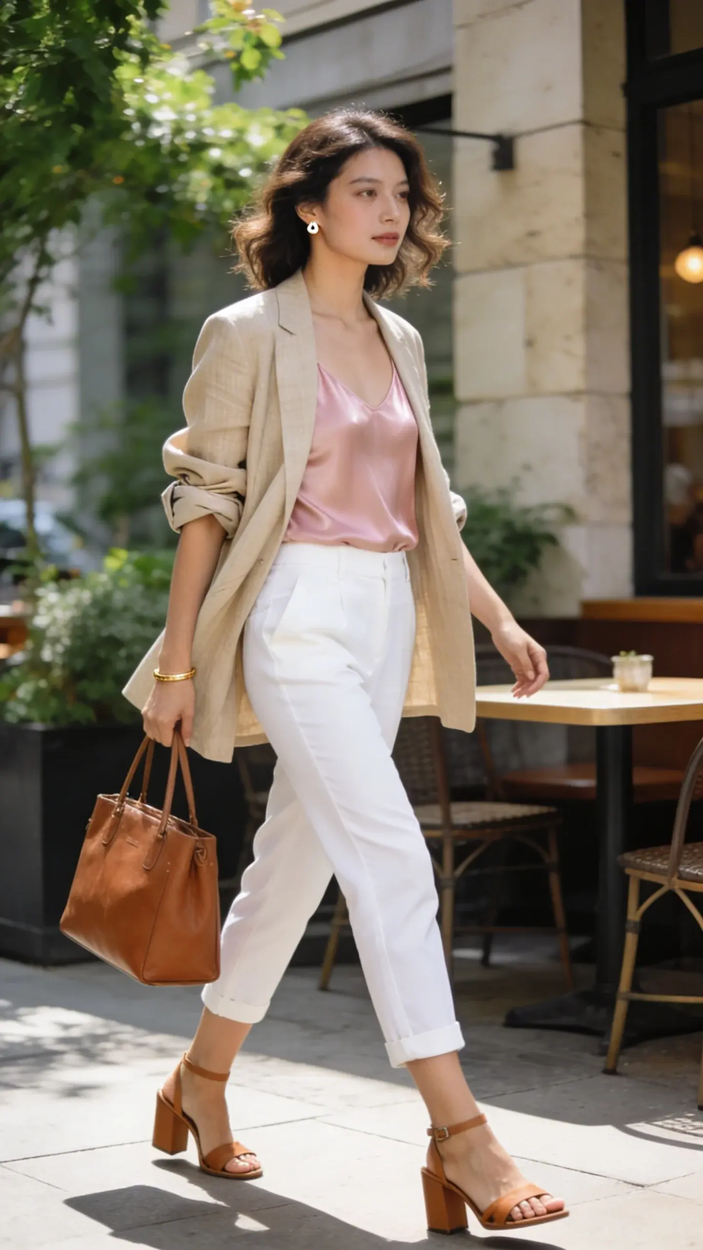 Realistic high‑quality street‑style fashion photo of a chic woman wearing crisp white capri pants (straight cut) paired with a beige, unlined linen blazer draped open over a silky camisole in soft blush; tan block‑heel sandals, cognac leather tote carried in hand, minimal stud earrings and a thin gold bangle. Natural midday light, shot at a sunlit city terrace café with greenery and pale stone, shallow depth of field. The look is airy yet polished: blazer sleeves casually pushed up, subtle dewy makeup, soft waves hairstyle. Neutral color palette with warm undertones; textures of linen and silk emphasized; no logos or text. Full‑body framing with slight three‑quarter angle, capturing movement as she steps forward confidently.