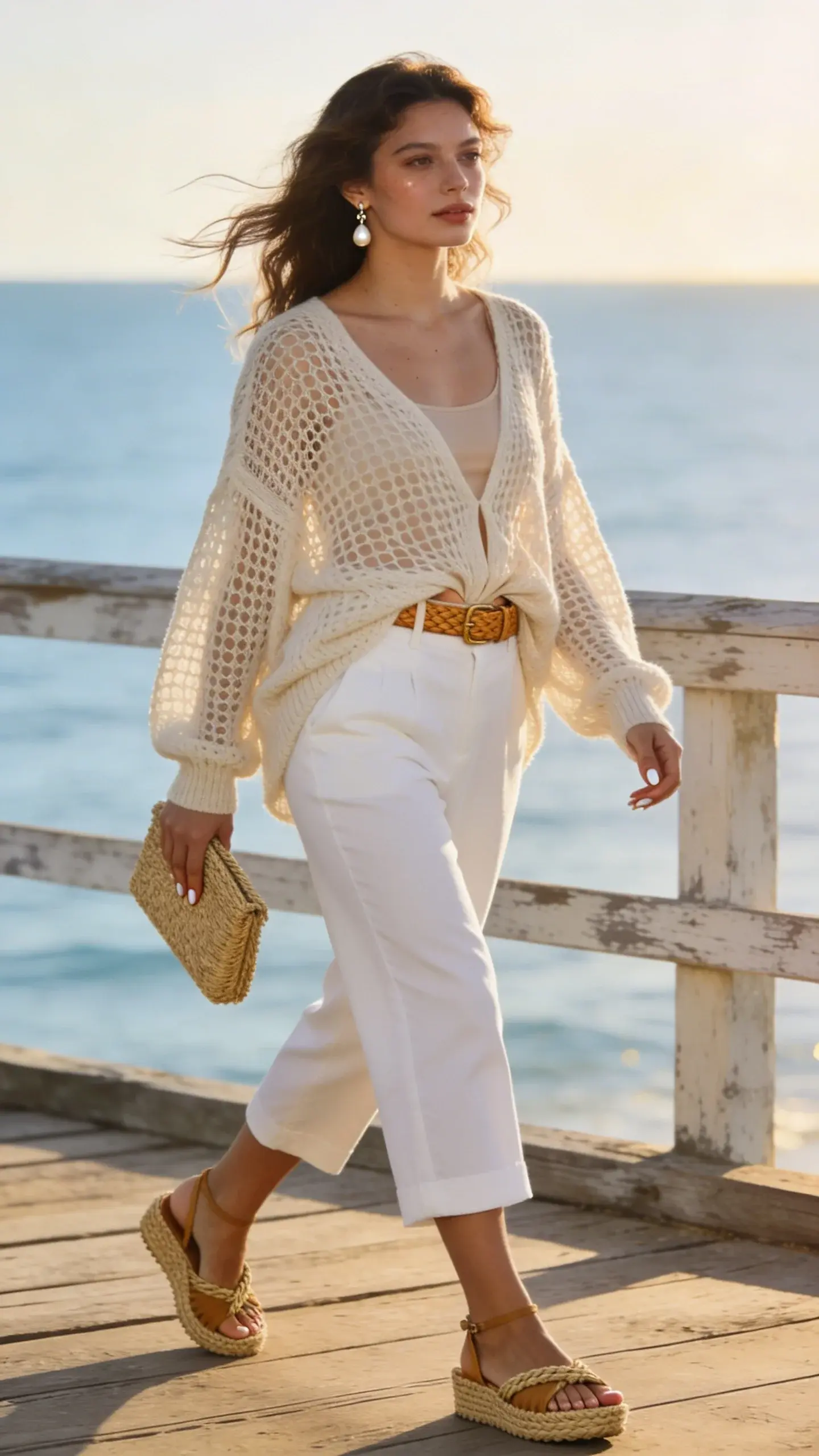 Realistic fashion photography of a coastal-cool summer outfit featuring a woman wearing crisp white capri pants (relaxed straight-leg) with a lightweight open-weave slouchy knit sweater in soft sand, subtly front-tucked to define the waist. She pairs them with tan rope-soled espadrilles (wedges), a slim woven tan leather belt, a raffia clutch, and delicate pearl drop earrings. If the sweater is sheer, a seamless skin-tone camisole is layered underneath for a smooth base. Scene is a breezy seaside boardwalk at golden hour with soft natural light, pale blue ocean and sun-faded wood textures, gentle wind catching the knit and hair. Styling details: minimal makeup with dewy skin, loose beachy waves, neutral manicure. The capris hit mid-calf with a clean hem; belt subtly visible at the tuck; clutch held at side. Warm, airy color palette (cream, sand, tan, white) with tactile textures (knit, raffia, rope). Shot on a full-frame camera, 85mm lens, shallow depth of field (f/2.2) for creamy bokeh, high-resolution, editorial street-style angle, no text, natural pose walking mid-step.
