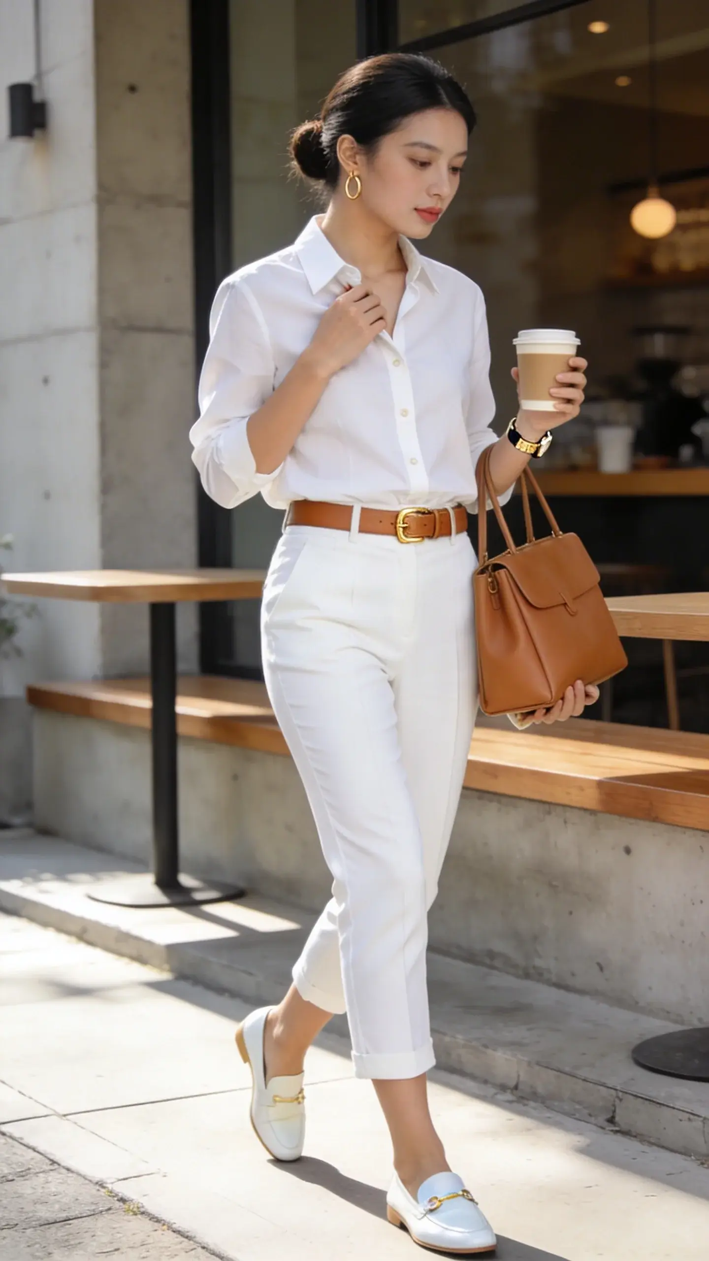 Realistic high-fashion street-style photo of a woman wearing an all-white capri ensemble, shot in soft late-morning natural light outside a chic café with minimalist architecture. She wears slim-fit white capri pants with a mid-to-high rise and a crisp white cotton-poplin button-up shirt tucked in neatly. Accessories: structured tan leather belt with a small gold buckle, delicate gold hoop earrings, a thin gold watch, and white leather loafers (clean, minimal) held against a concrete-and-wood patio backdrop. She carries a tan structured leather tote. Hair is sleek low bun, makeup fresh and natural with a soft nude lip. Pose: mid-stride on a sunlit sidewalk, one hand casually tucking the shirt hem, the other holding a coffee cup; confident expression that reads tailored-but-chill. Composition: three-quarter body, slightly low angle to elongate the frame, shallow depth of field for creamy bokeh. Wardrobe details: subtle pressed creases on the capris, light sheen on the loafers, breathable texture on the shirt. Color palette: all white with warm tan and soft gold accents. Lighting: bright but diffused, gentle shadowing for dimension. No logos, no text. Ultra-detailed, editorial quality, 50mm lens look, high resolution.