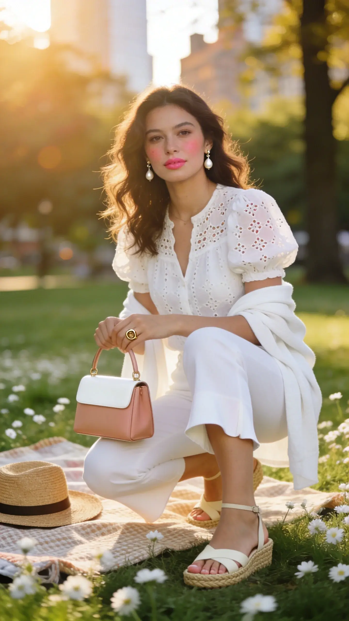 Golden-hour fashion editorial photo of a chic summer “Romantic Eyelet Moment” all-white capri look: a stylish woman in clean white capri pants with a slight flare, paired with a white broderie anglaise eyelet puff-sleeve blouse. She’s wearing cream espadrille wedges, pearl drop earrings, a delicate gold signet ring, and carrying a mini top-handle bag in sand-blush white. Add a lightweight white cardigan casually draped over her shoulders. Setting: sun-dappled city park picnic scene with soft green lawn, scattered white wildflowers, a woven picnic blanket, and a straw hat beside her; bokeh trees and warm backlighting for dreamy softness. Styling emphasizes airy textures and feminine details; natural makeup with rosy cheeks, soft pink lip, loose wavy hair. Realistic high-resolution photography, 50mm lens look, shallow depth of field, warm golden tones, editorial street-style vibe, no text.