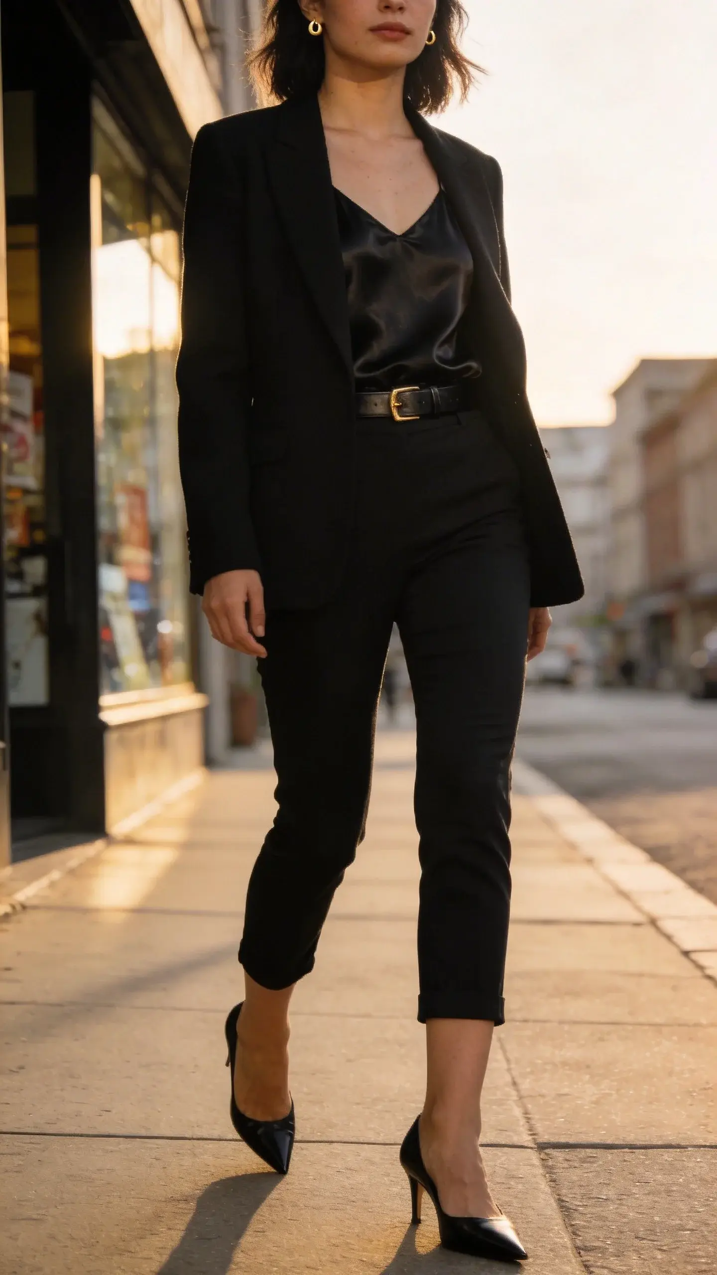 Street-style shot of a woman in fitted black capri pants, a silky black camisole layered under a tailored black blazer, subtle leather belt with a small gold buckle, black pointed-toe slingbacks, minimal gold stud earrings; late-afternoon city sidewalk, soft shadowy lighting emphasizing texture contrasts (silk, wool, leather); no text.