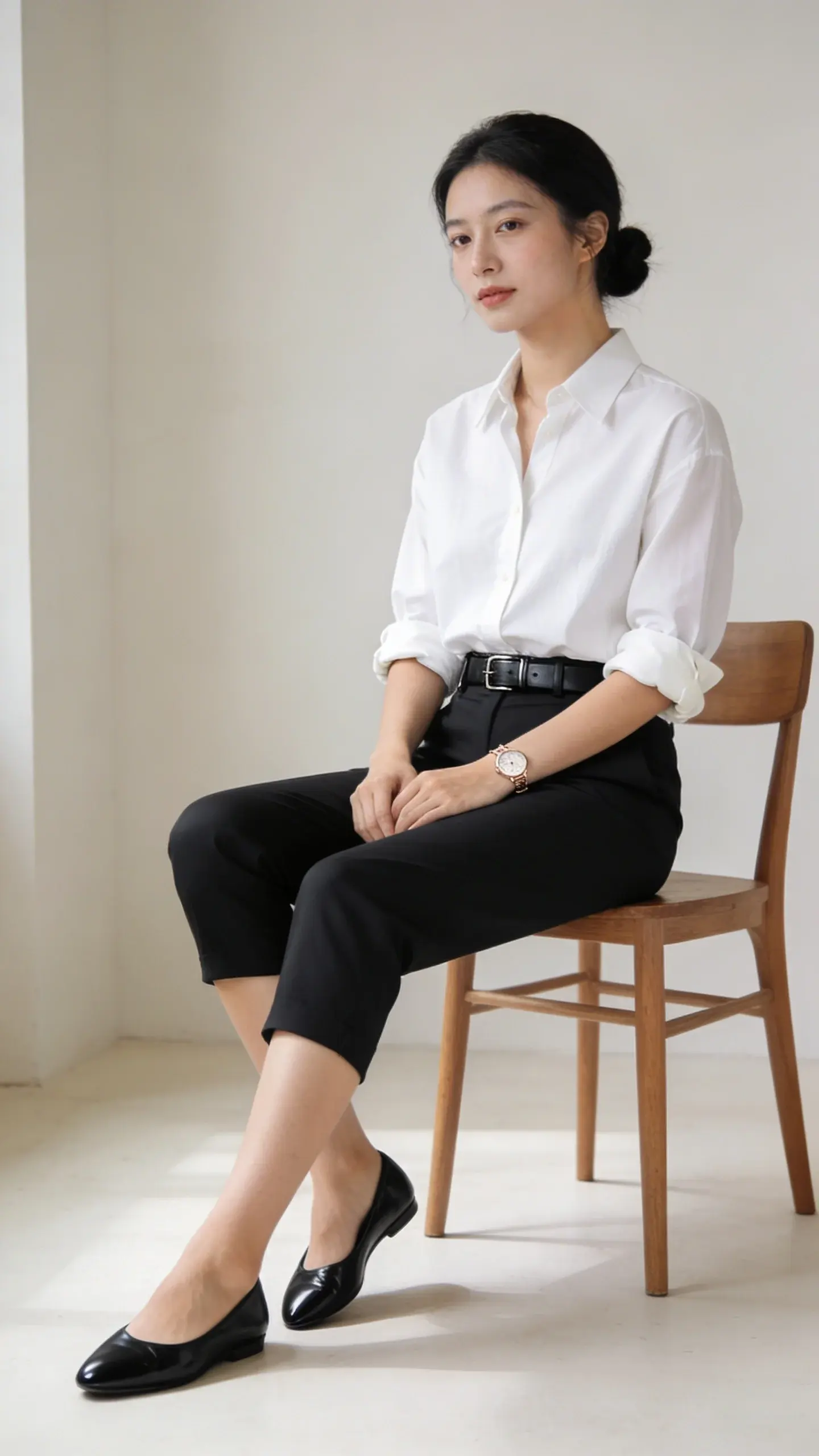 Bright, airy interior scene: woman wearing black capri pants with a crisp slightly oversized white button-down neatly half-tucked, slim black leather belt, polished black almond-toe flats; sleeves rolled to mid-forearm, delicate watch, hair in a low bun; neutral background with natural light and a simple wooden chair.