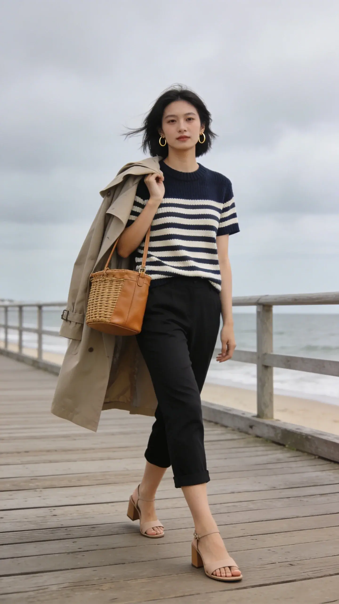 Coastal-inspired look: black capri pants with a navy-and-cream Breton striped knit tee, lightweight trench coat draped over shoulders, tan leather basket bag, nude low block-heel sandals; breezy boardwalk setting with soft overcast light; subtle gold hoops.