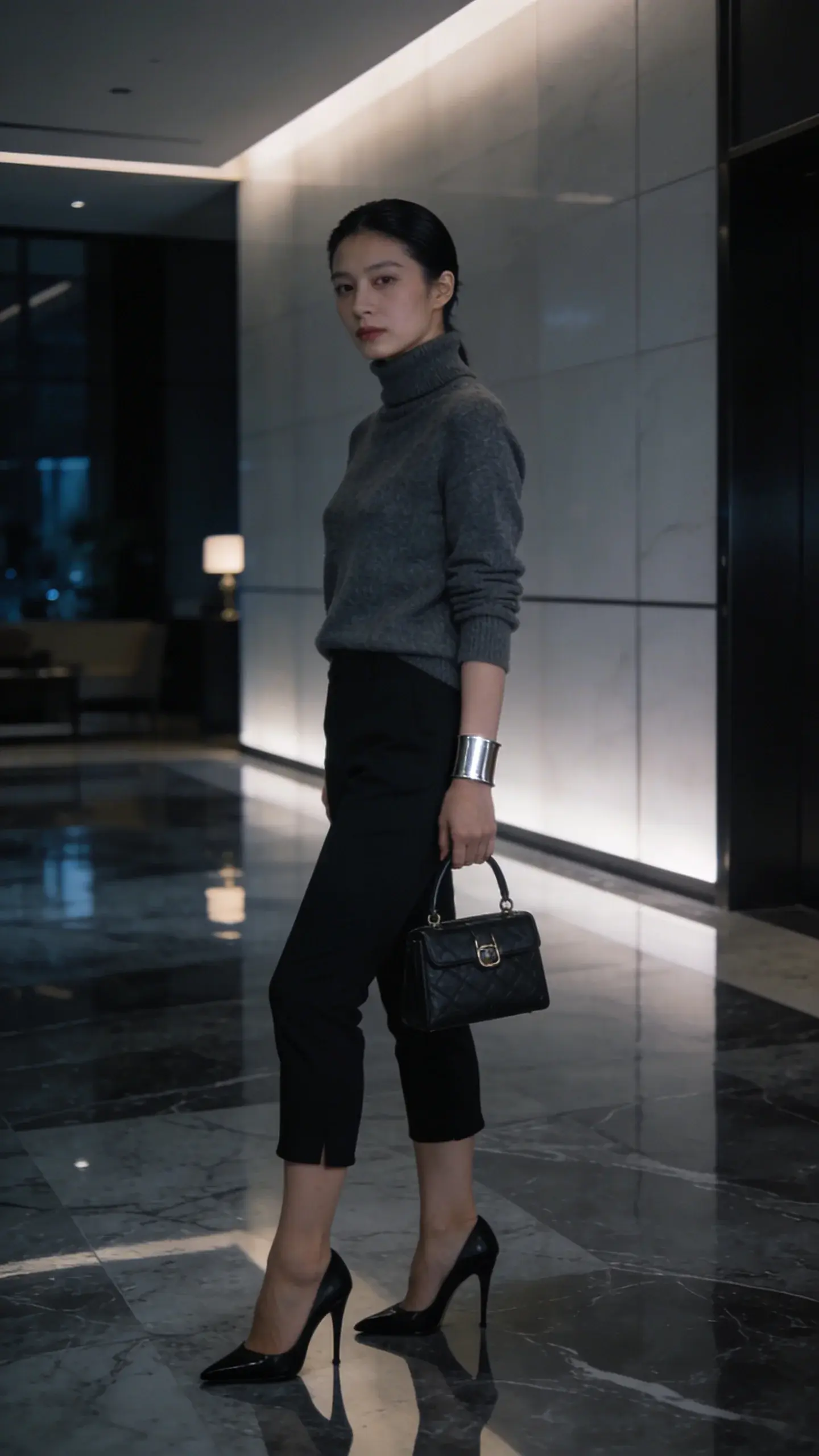 Minimalist evening outfit: black capri pants with a charcoal gray cashmere turtleneck, sleek black stiletto heels, structured mini top-handle bag, hair slicked back; dimly lit modern lobby with marble floors casting reflections; jewelry limited to a slim silver cuff.