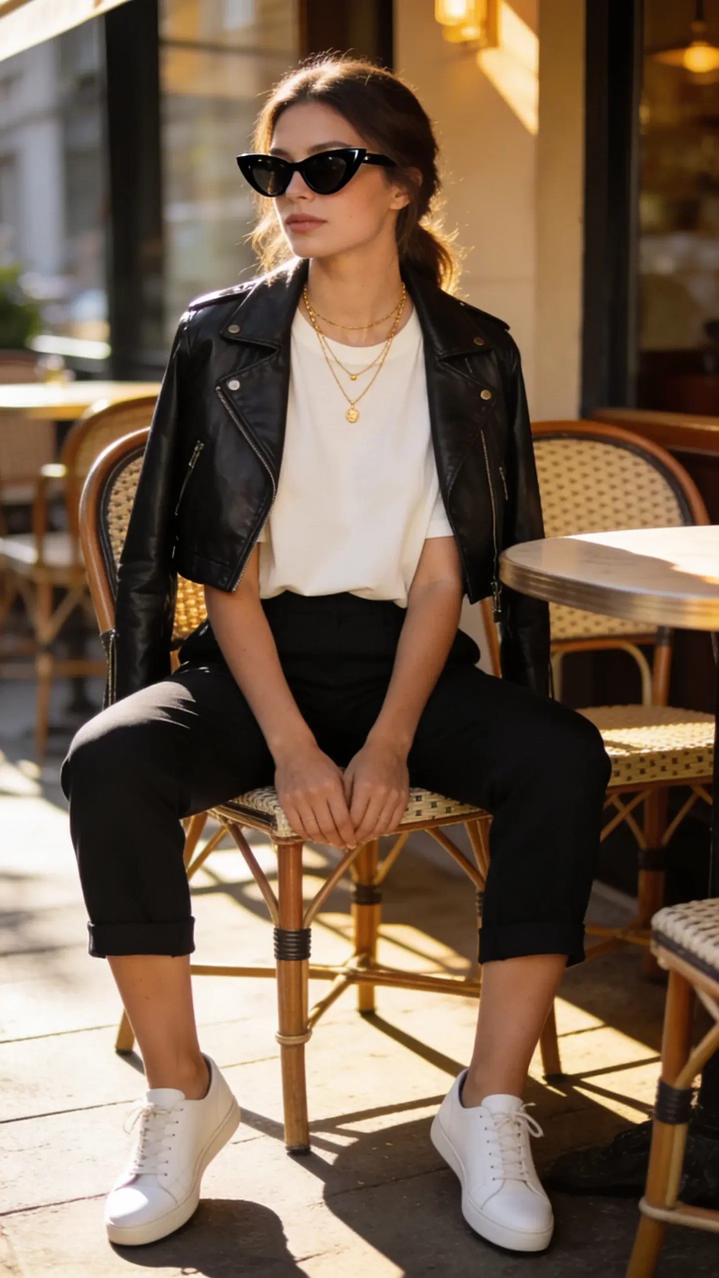 Weekend casual luxe: black capri pants with a boxy ivory crewneck tee, cropped black leather moto jacket, white low-profile leather sneakers, black cat-eye sunglasses; sunny cafe terrace scene with bistro chairs; layered delicate gold necklaces.