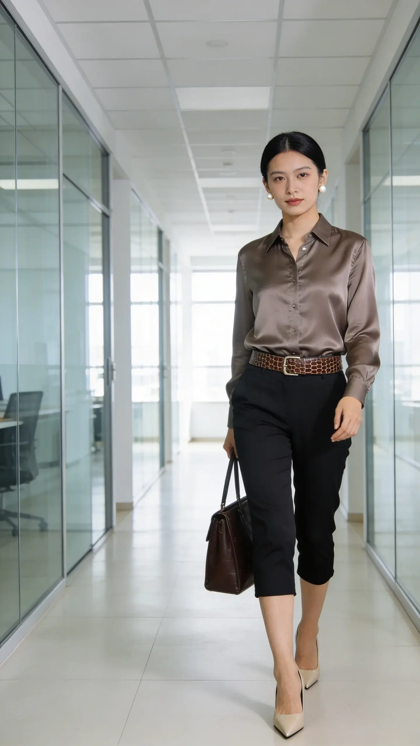 Work-ready polish: black capri pants with a taupe silk button-up tucked in, thin croc-embossed belt, pointed-toe kitten heels in beige, clean tote in deep brown; bright office hallway with glass walls; subtle pearl studs and tidy center-part hair.