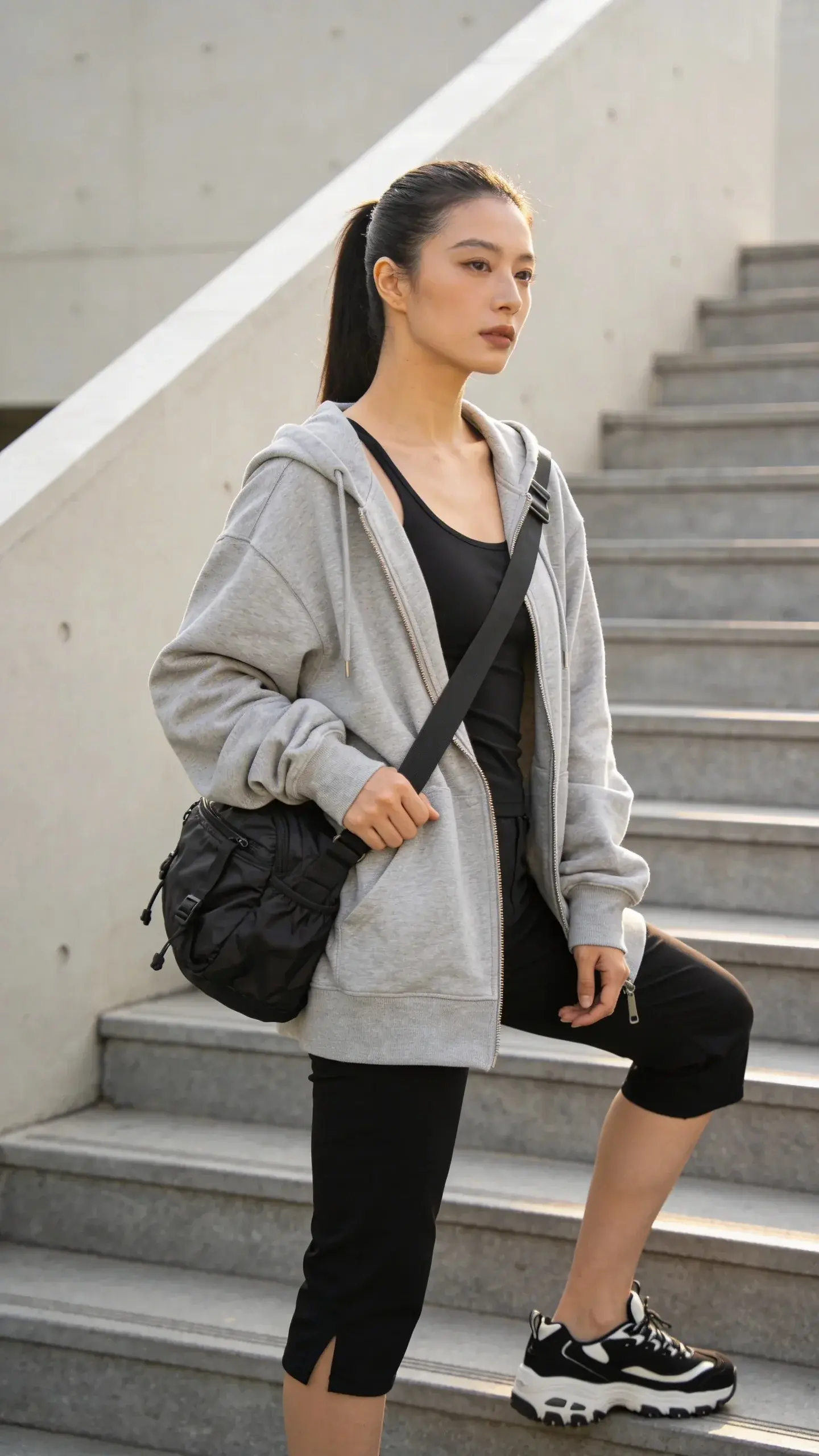 Sporty-chic blend: black capri pants with a black fitted tank bodysuit, oversized light-gray zip hoodie left open, chunky black-and-white trainers, crossbody nylon bag; urban staircase backdrop, morning light; minimal makeup, sleek ponytail.