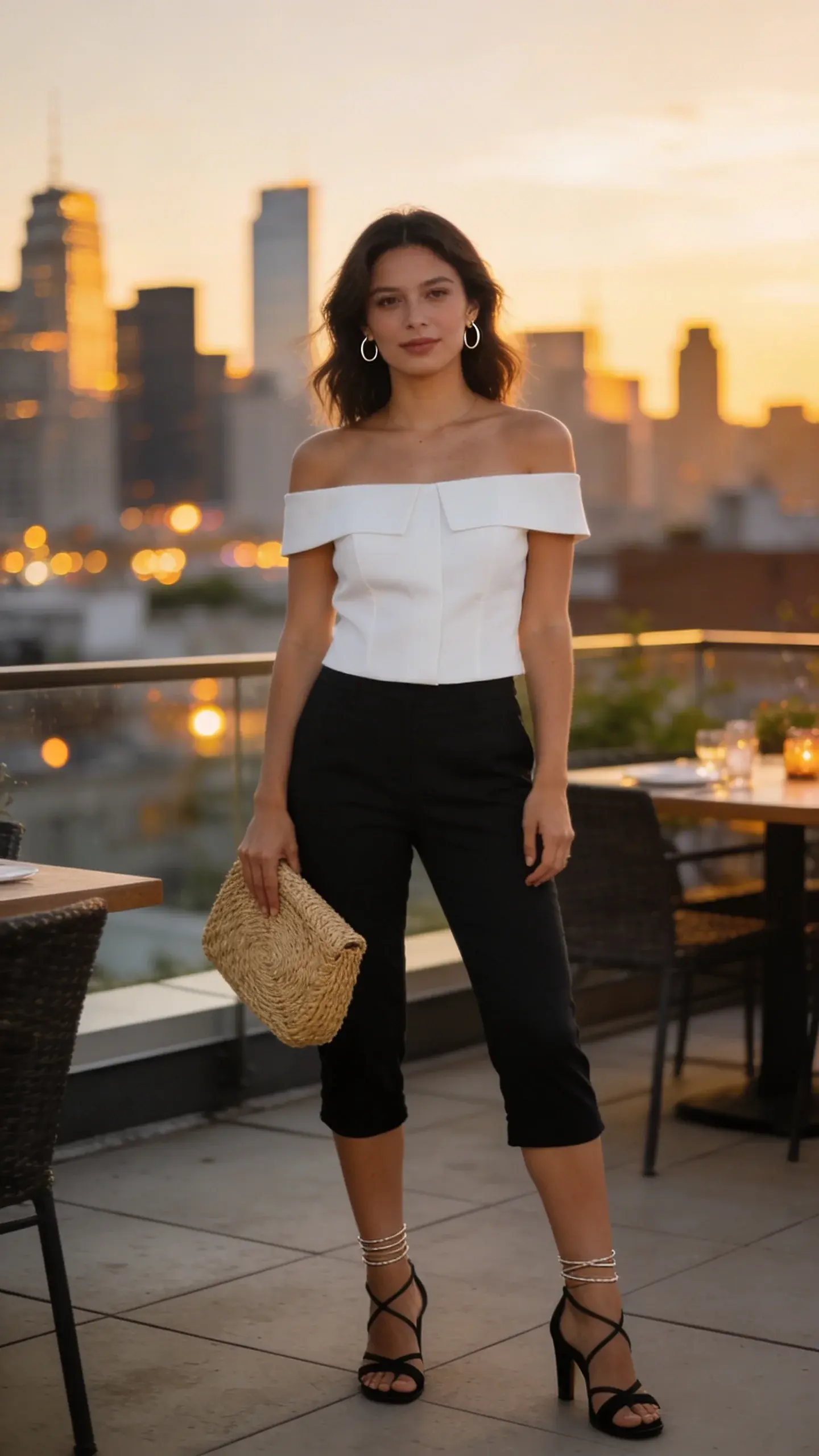 Summer dinner vibe: black capri pants with a white structured off-shoulder top, strappy black heeled sandals, woven clutch in natural raffia, luminous skin; golden hour on a rooftop terrace with city skyline; thin layered anklet and small hoop earrings.