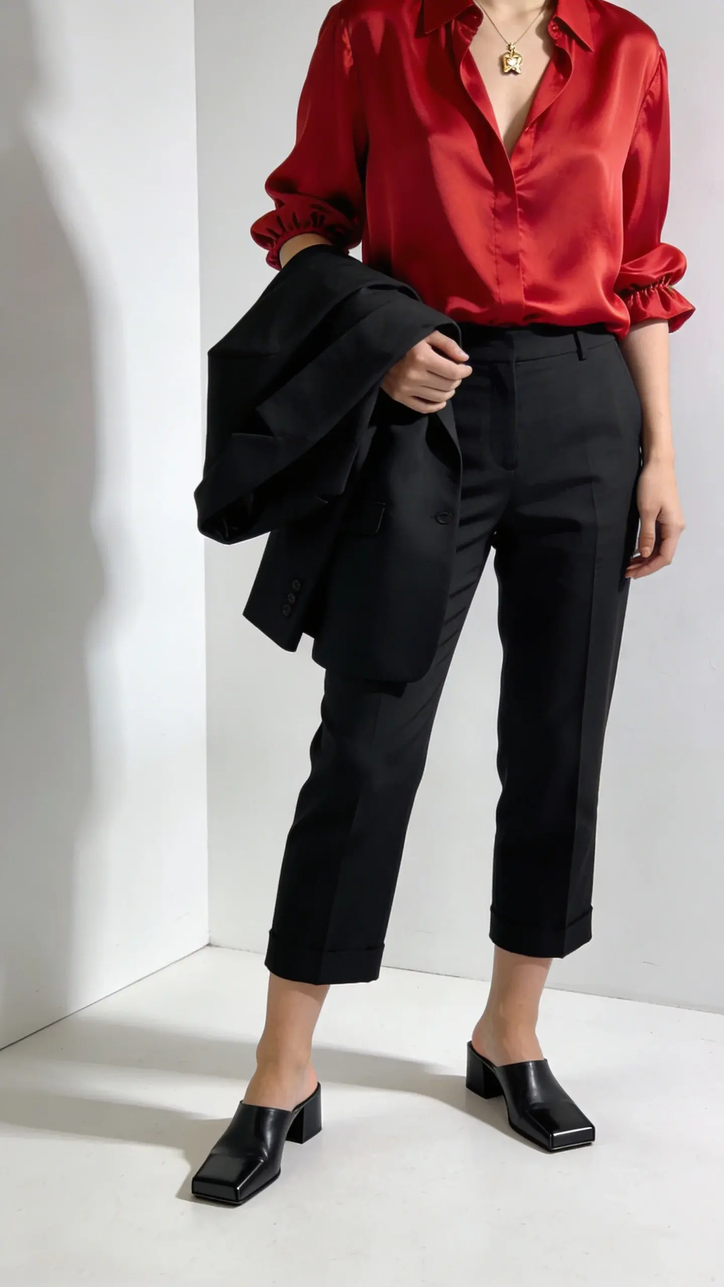 Bold-yet-elevated pop: black capri pants with a vibrant red silk blouse, sleeves softly billowed and cuffed, black square-toe mules, structured black blazer draped over arm, small gold pendant necklace; gallery-like white interior, soft directional lighting highlighting fabric sheen.