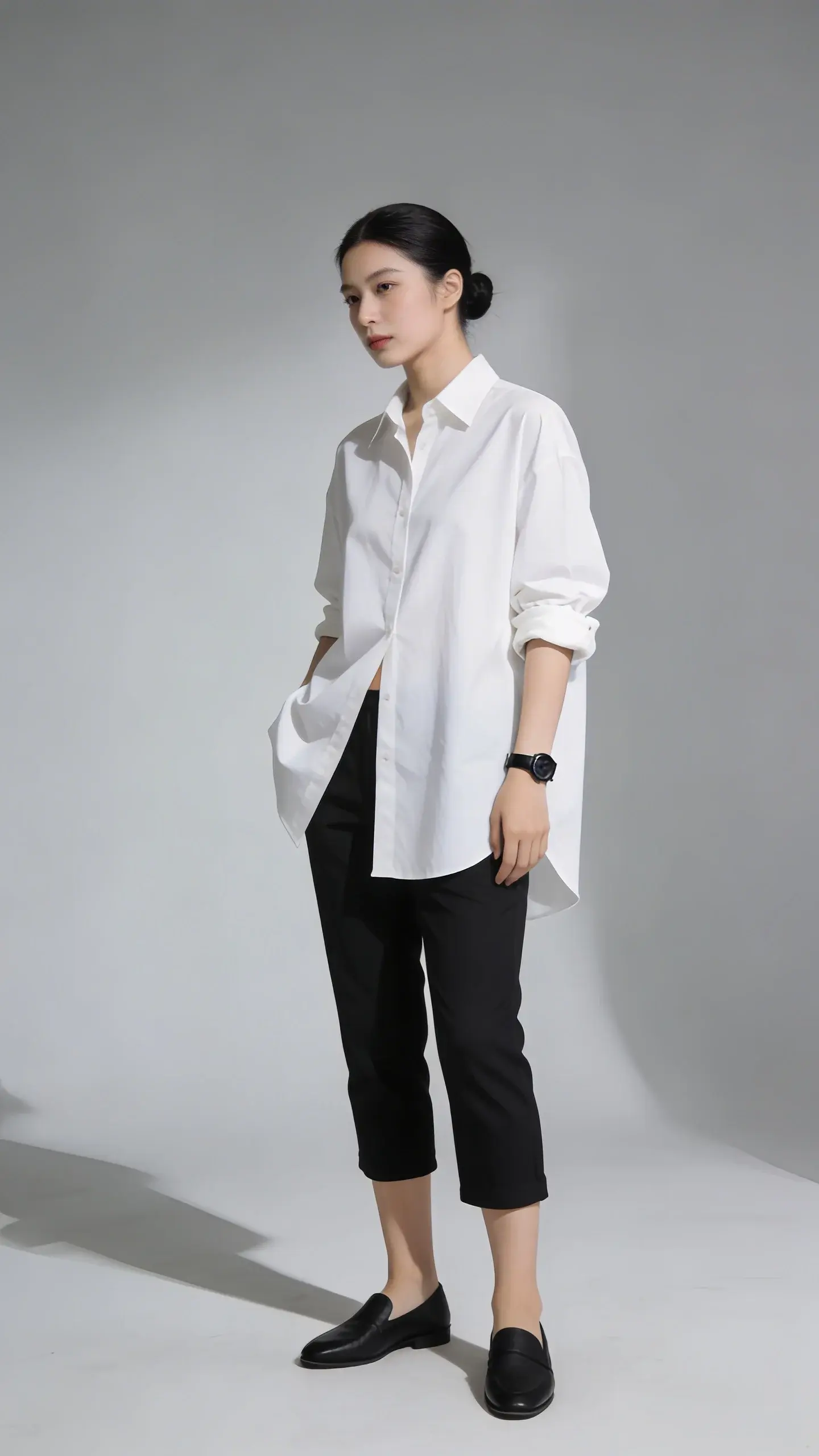 Studio shot against a light gray backdrop: black capri pants paired with an oversized crisp white button-down shirt half-tucked, sleeves rolled to the forearm, black minimalist loafers, sleek low bun, thin black leather watch, no necklace; soft shadows, high-contrast, no text.