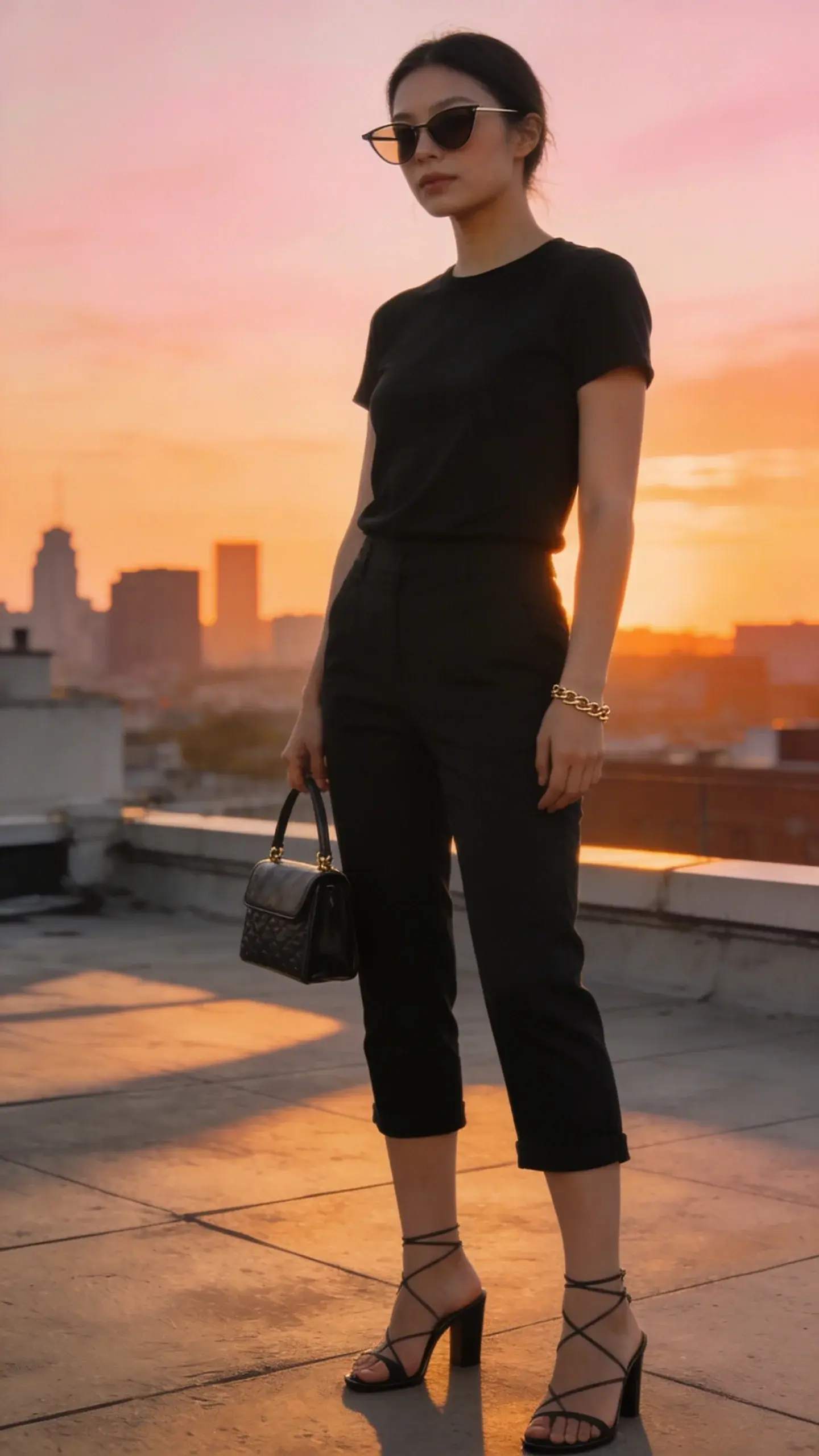 Sunset rooftop scene: black capri pants styled with a black fitted crewneck tee, strappy heeled mules, structured mini top-handle bag, thin cat-eye sunglasses, delicate gold chain bracelet; warm golden hour lighting, muted city skyline, no text.