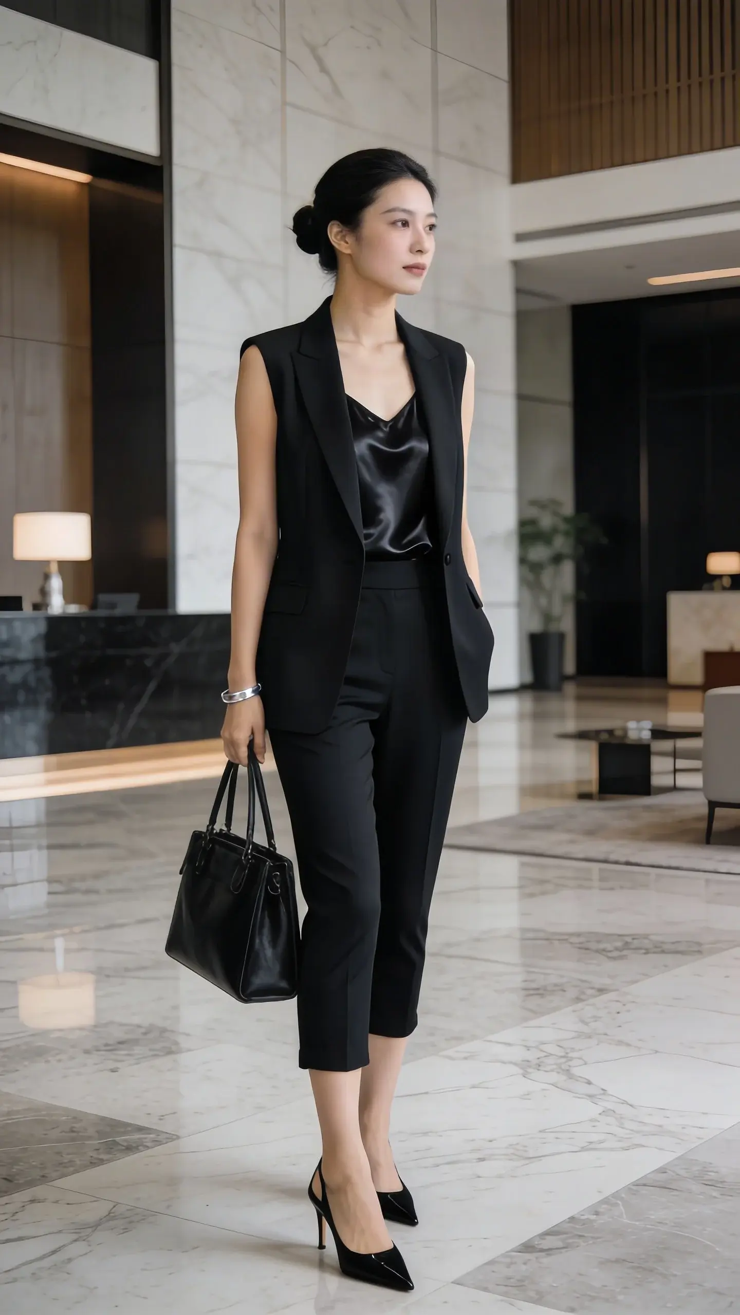 Monochrome office-chic: black capri pants with a tailored black sleeveless blazer worn over a satin black camisole, pointed-toe black slingback heels, slim silver cuff bracelet, sleek bun, structured black tote; modern lobby setting with marble floor, diffused light, no text.