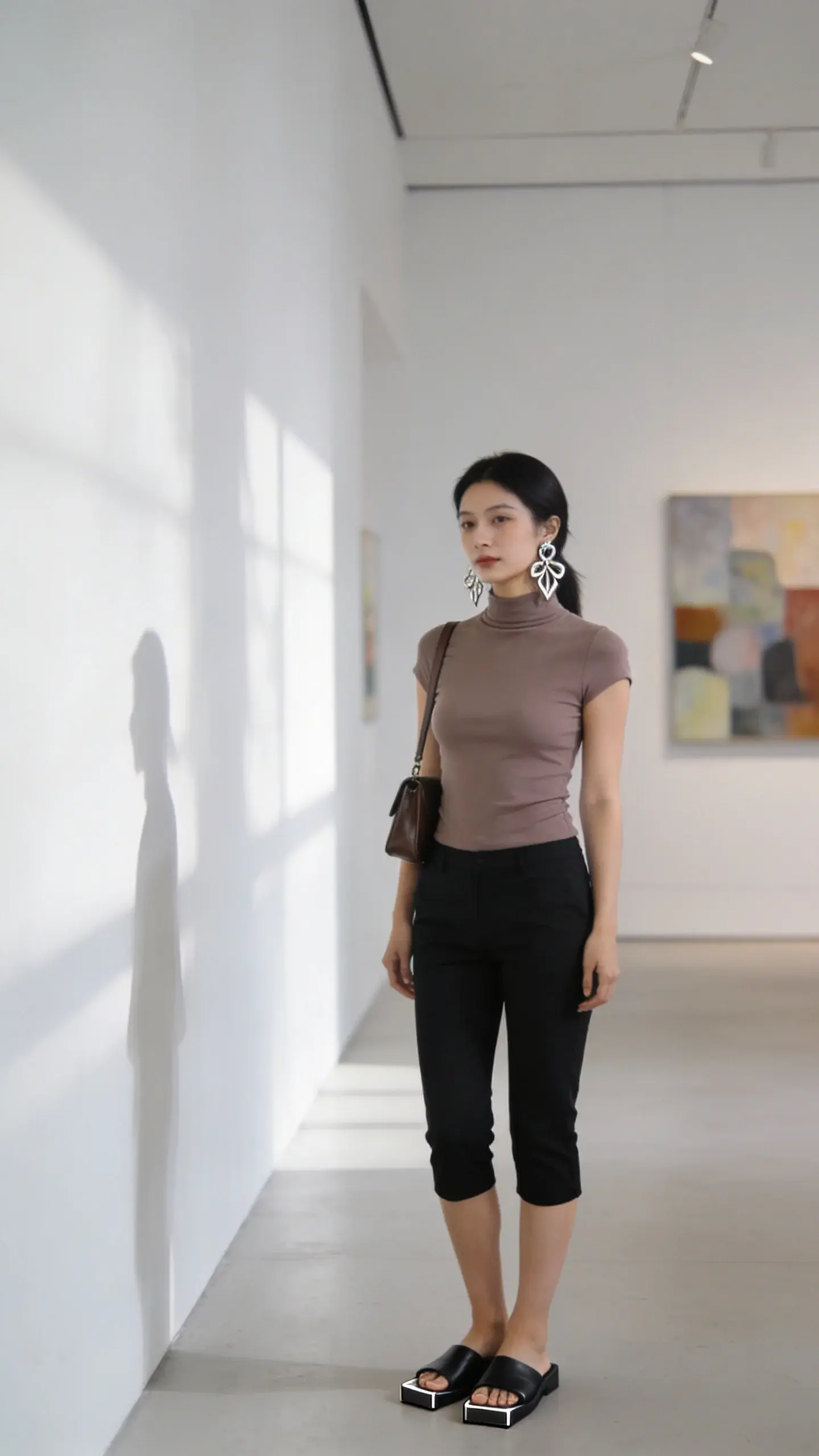 Art gallery vibe: black capris with a taupe mock-neck fitted top, black flat slide sandals with square toes, sculptural silver earrings, small leather shoulder bag; white-walled gallery, abstract artwork slightly blurred, soft shadow play, no text.