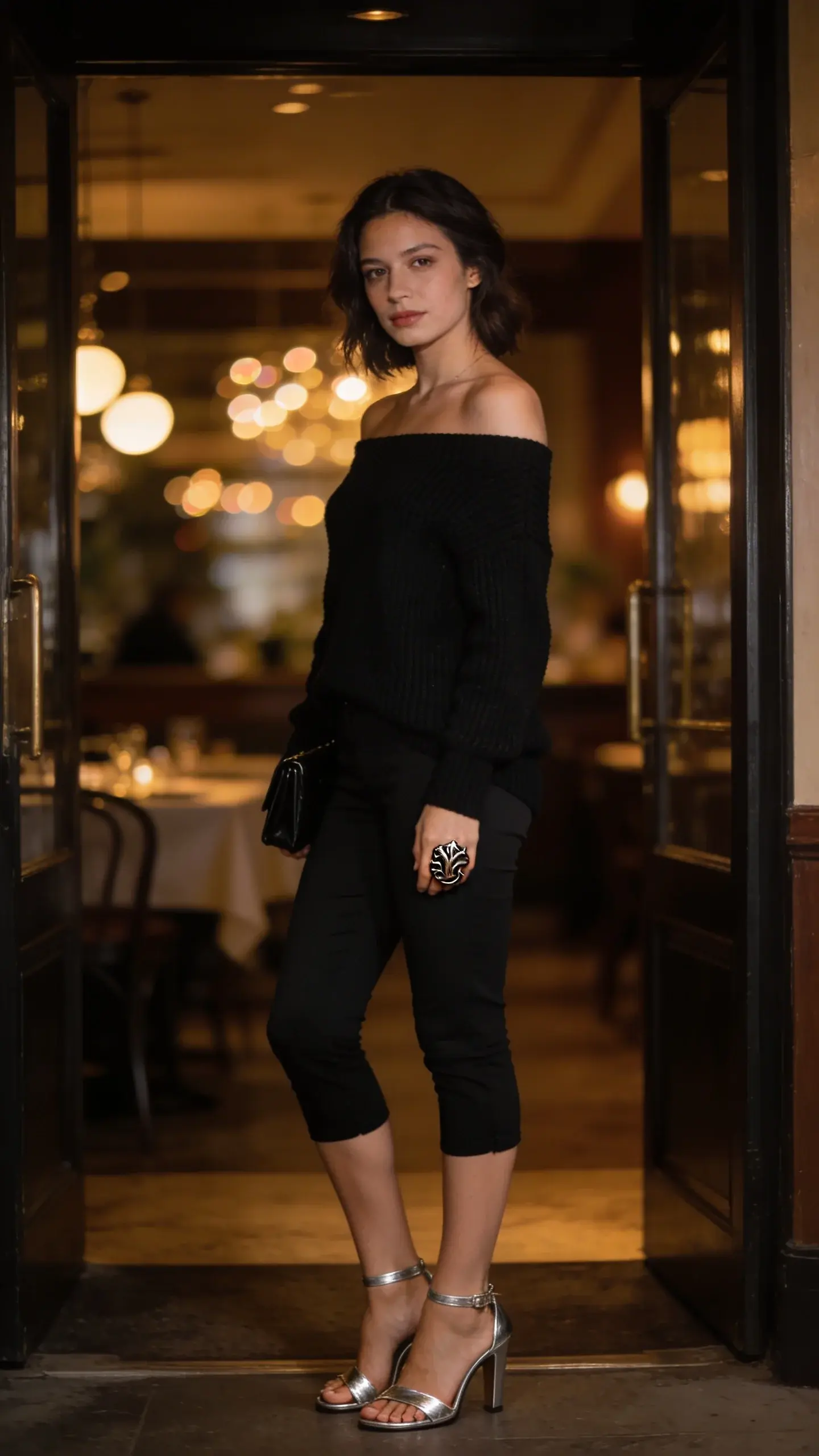 Evening minimalist glam: black capris with an off-the-shoulder black knit top, metallic silver heeled sandals, small black clutch, statement sculptural ring, soft dewy makeup look; dimly lit restaurant entrance with bokeh lights, no text.