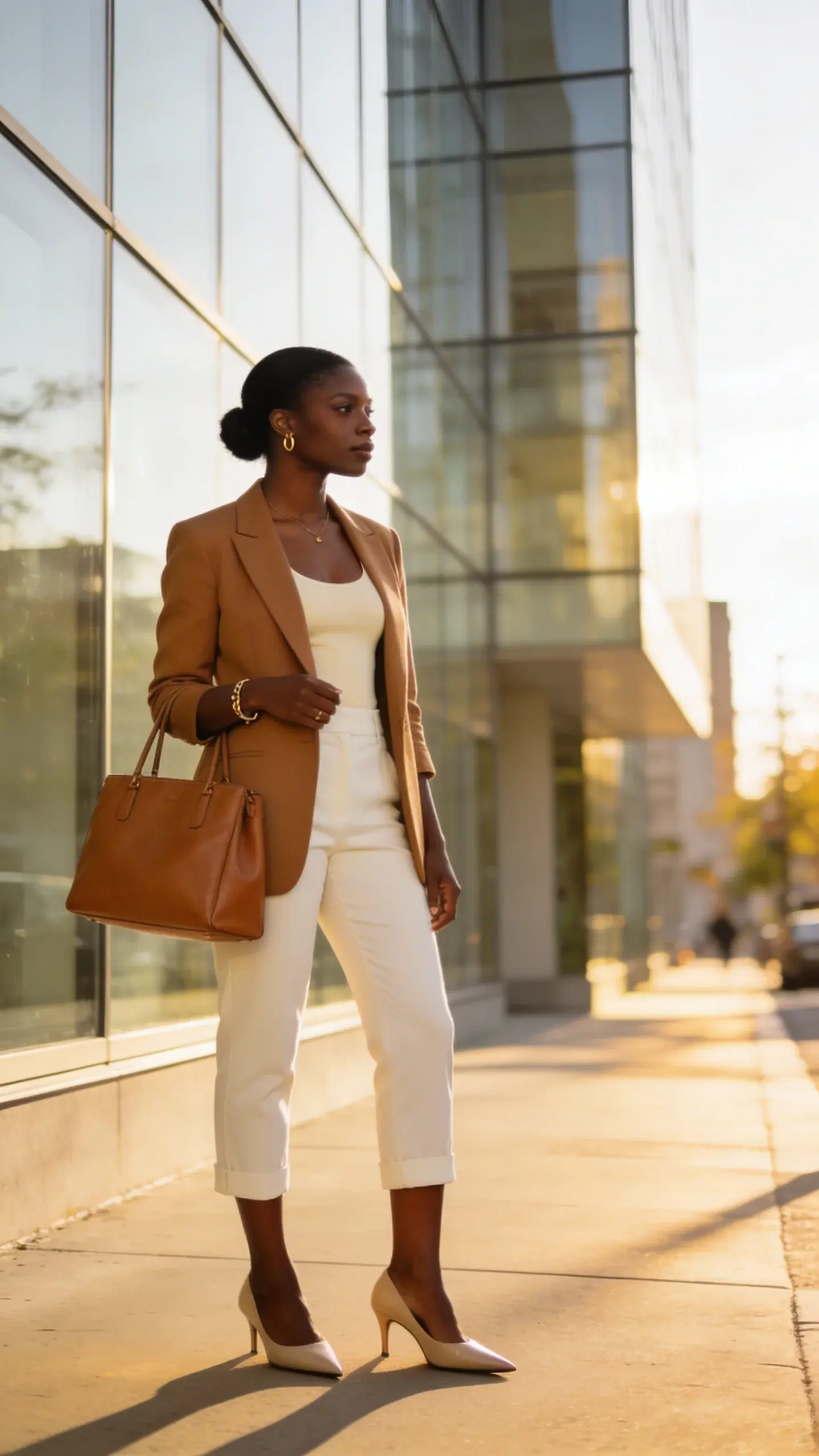 A stylish Black woman with deep cocoa skin wearing tailored ivory capri pants with a sharp camel blazer and a fitted cream bodysuit, standing on a sunlit city sidewalk near a modern glass building; pointed-toe beige slingback heels, minimal gold jewelry, sleek low bun, structured tan leather tote; soft morning light, editorial street style photograph, no text on image.