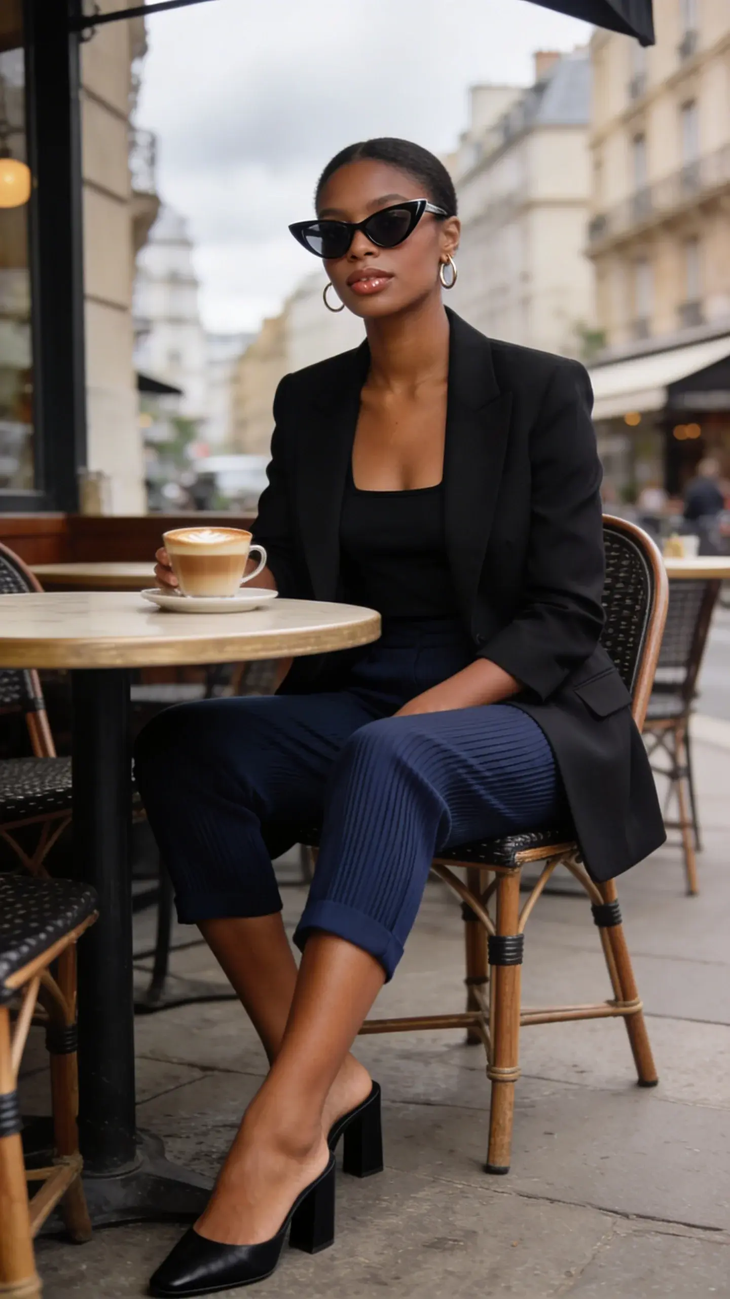 A Black woman with warm mahogany skin in navy creased capri trousers paired with a structured black blazer and a black square-neck tank, seated at an outdoor café table with a cappuccino; heeled black mules, cat-eye sunglasses, delicate hoop earrings; neutral makeup with glossy lip; urban European café backdrop, overcast soft light, high-fashion look, no text.