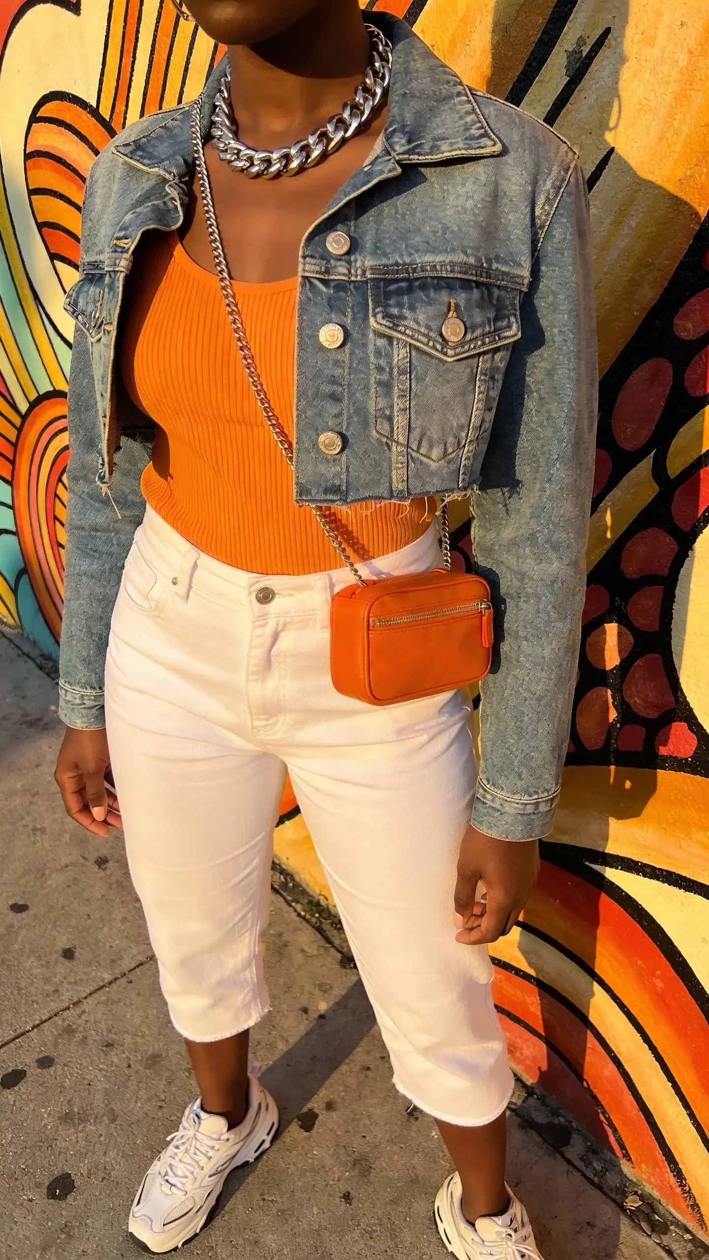 Editorial close-up full-body shot of a Black woman with rich ebony skin wearing white capri pants and a cropped boxy denim jacket, bright tangerine ribbed tank underneath; chunky silver chain necklace, white retro sneakers, orange micro bag; standing against a colorful mural wall for a bold streetwear vibe; afternoon light, no text.