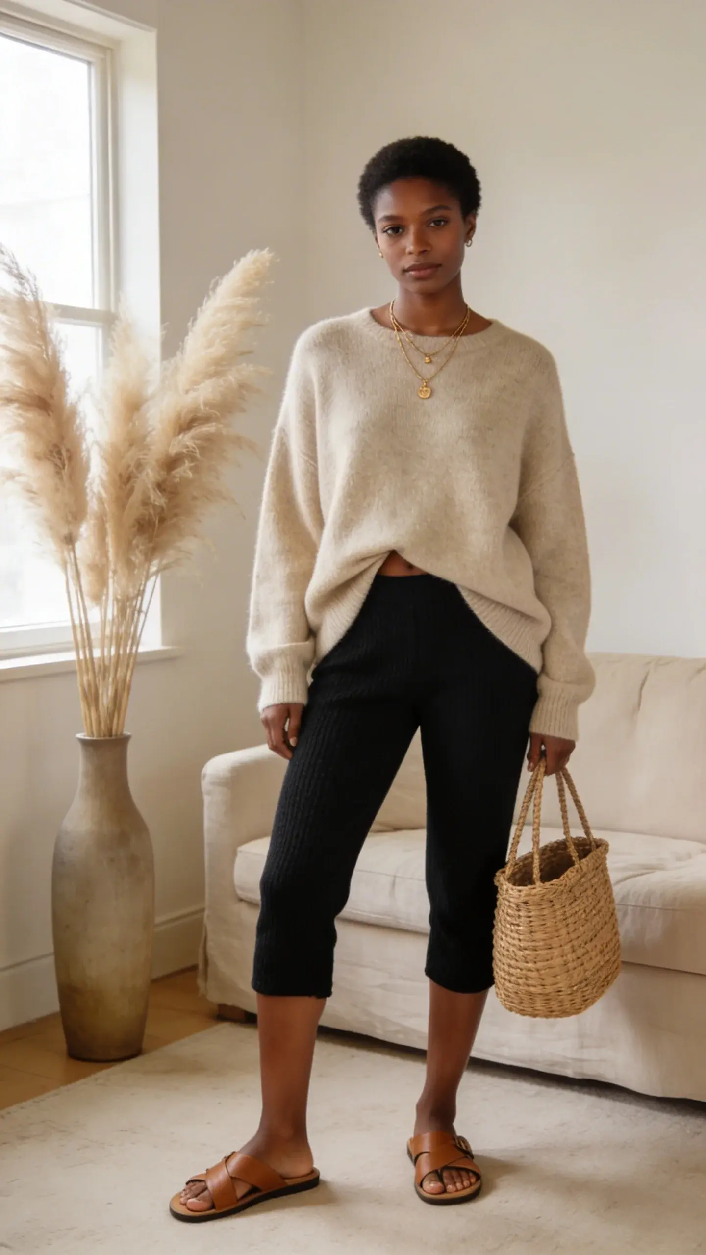 A chic Black woman with caramel skin tone in black knit capri pants and an oversized oatmeal cashmere sweater half-tucked, layered delicate gold necklaces; tan leather flat sandals and a woven basket bag; standing in a minimalist neutral living room with pampas grass and linen sofa; soft natural window light, cozy lifestyle feel, no text.