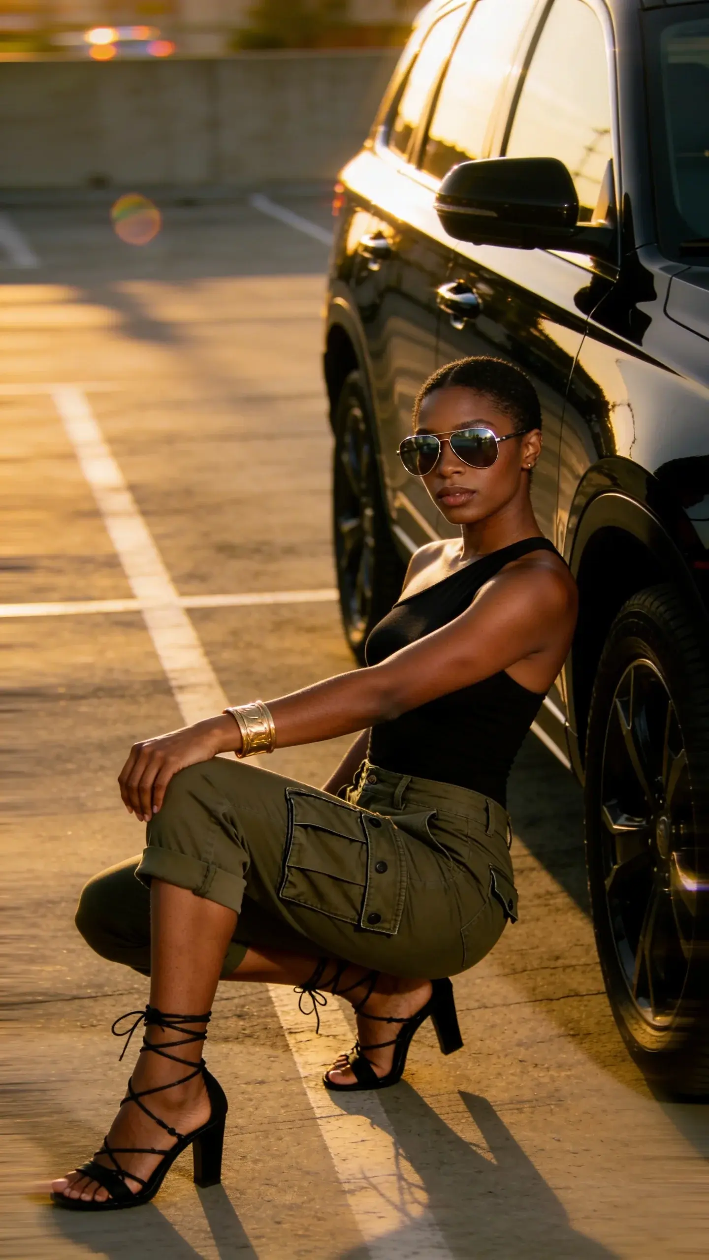 A Black woman with deep bronze skin wearing high-waisted olive cargo-style capri pants with utility pockets, fitted black one-shoulder bodysuit; lace-up black heeled sandals, aviator sunglasses, gold cuff bracelet; posing beside a matte-black SUV in a parking lot at golden hour; edgy, cinematic street style, no text.