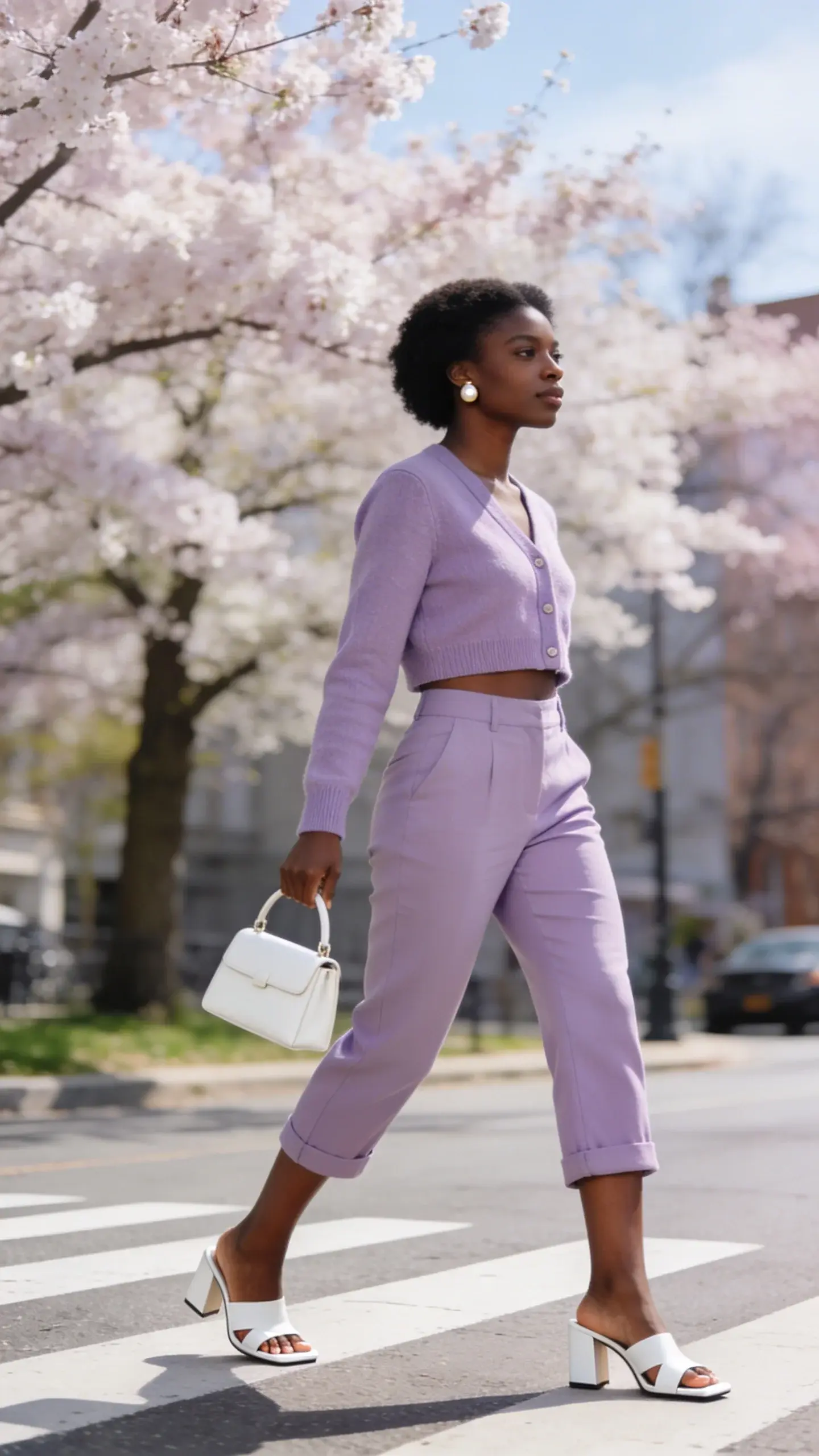 Fashion-forward Black woman with cool espresso skin tone in pastel lavender capri pants and a matching cropped cardigan set; white square-toe heeled sandals, pearl stud earrings, mini white top-handle bag; walking across a crosswalk in a clean city scene with blooming trees; bright spring light, airy color palette, no text.