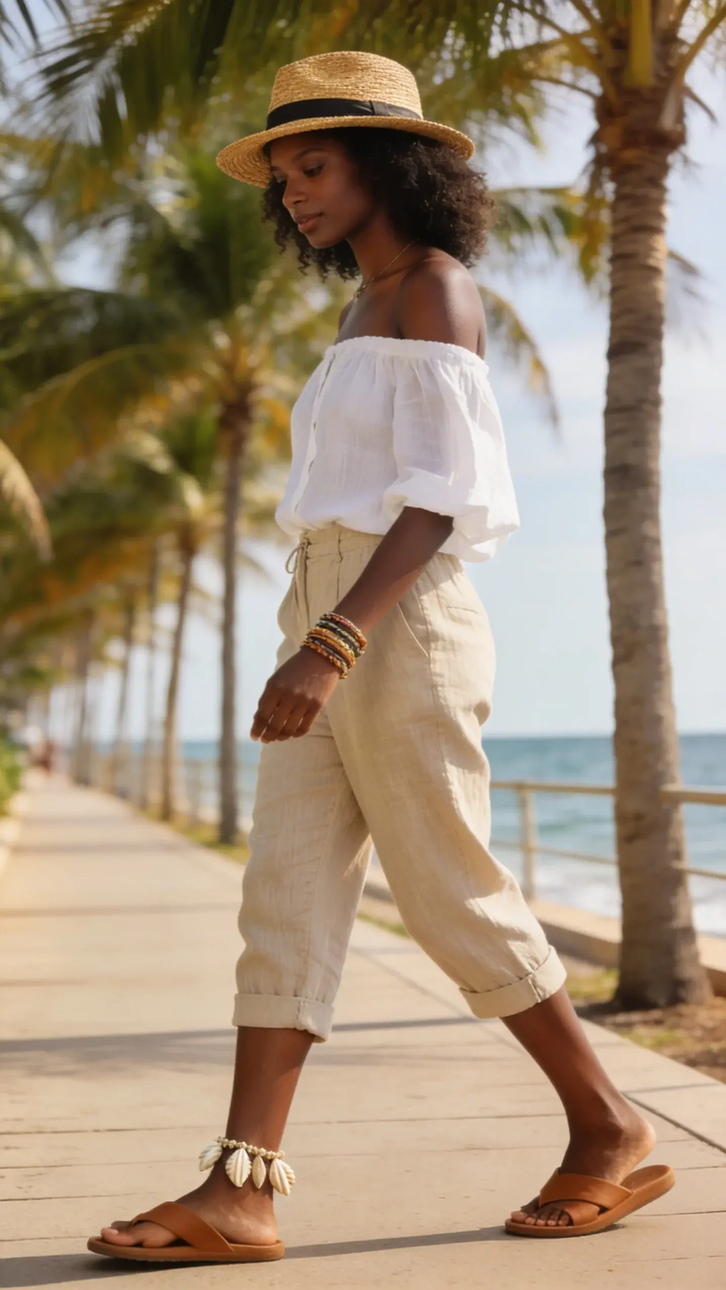 Beach-to-brunch vibe: Black woman with golden undertones wearing sand-colored linen capri pants, white off-shoulder blouse, and straw boater hat; tan slide sandals, shell anklet, layered bracelets; walking along a palm-lined boardwalk with ocean in the background; warm sunlit tones, relaxed resort feel, no text.