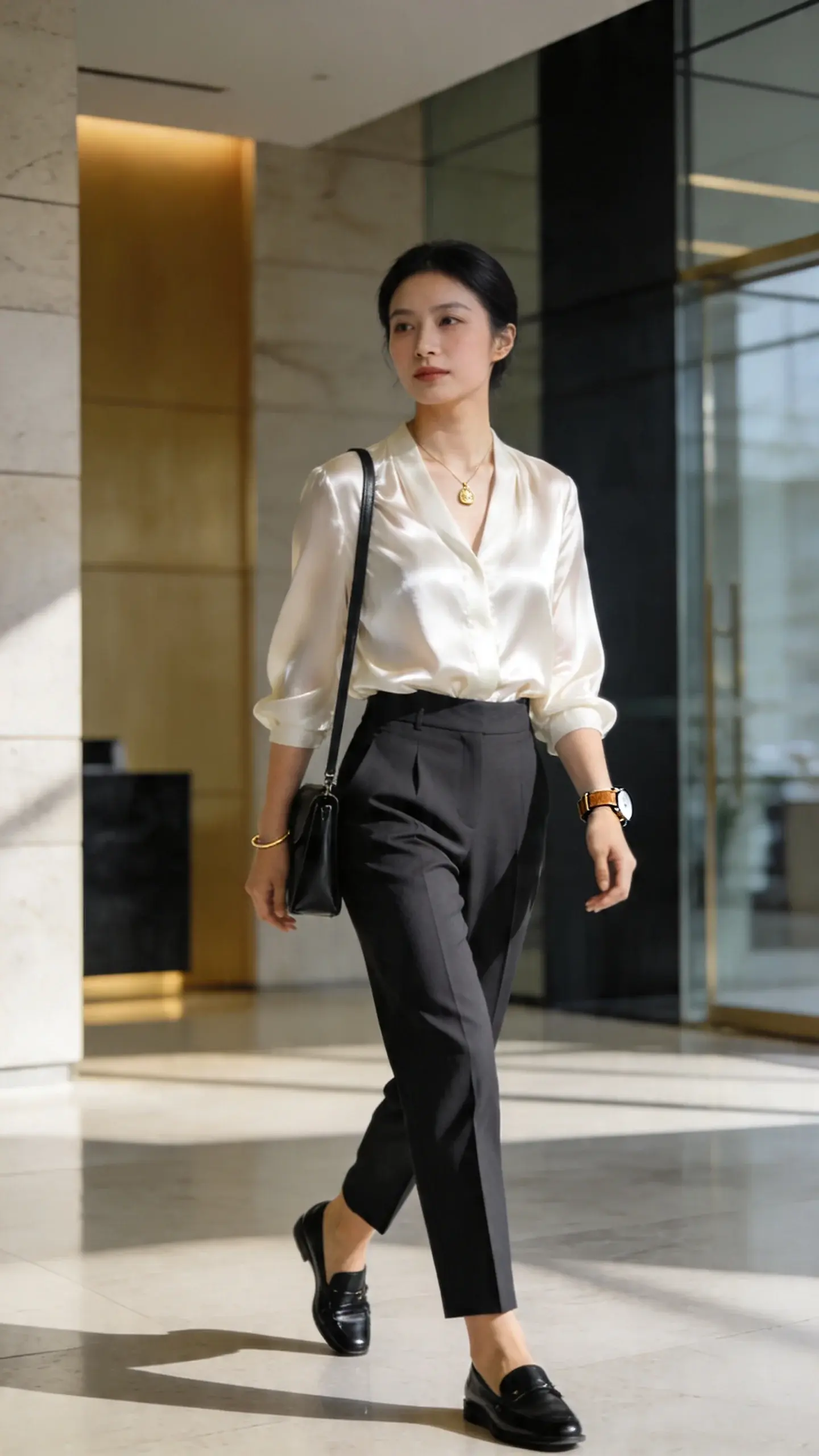 Natural light editorial photo of a confident professional woman in a modern office lobby, wearing an ivory silk blouse (soft drape, subtle sheen) half-tucked into high-waisted tailored charcoal trousers with a sharp crease, paired with black leather loafers. She carries a slim black leather satchel crossbody and wears a delicate gold pendant necklace, thin gold bracelet, and a minimal watch with a tan leather strap. Her hair is smooth and polished, makeup fresh and natural. Background: clean architectural lines, muted stone and glass, soft morning light casting gentle shadows, slight depth of field. Color palette: ivory, charcoal, black with warm gold accents. Composition: three-quarter length, eye-level, candid walking moment, fabric movement visible, crisp yet soft realism, 50mm lens, high resolution, no text.