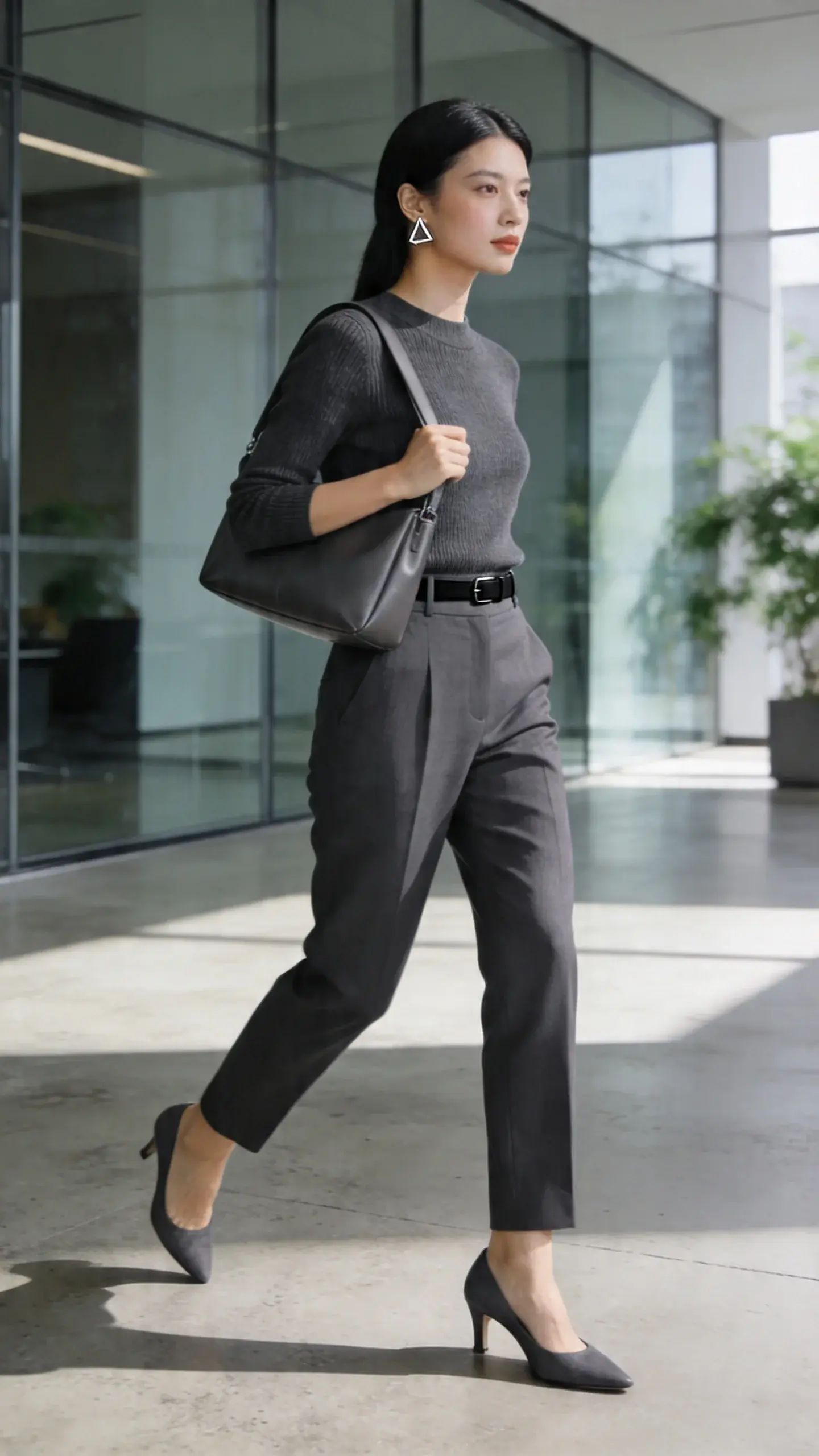 A confident professional woman in a monochrome charcoal ensemble walking through a sunlit modern office lobby, captured in a high-quality realistic fashion photograph. She’s wearing a fine-gauge charcoal knit top, tucked into matching charcoal tailored high-waist pants with a subtle minimal black belt. On her feet: low-heel charcoal slingbacks. Accessories include small geometric silver earrings and a sleek structured charcoal shoulder bag worn high under the arm. The look is intentionally head-to-toe one tone for an elongated silhouette. Her hair is smooth and center-parted, light natural makeup with a soft matte finish. Lighting is soft and directional, highlighting clean lines and refined textures. Background features glass walls, brushed concrete floors, and a hint of greenery, slightly out of focus for depth of field. Full-body, three-quarter angle, mid-stride, composed like an editorial street-style/workwear shot, no text.