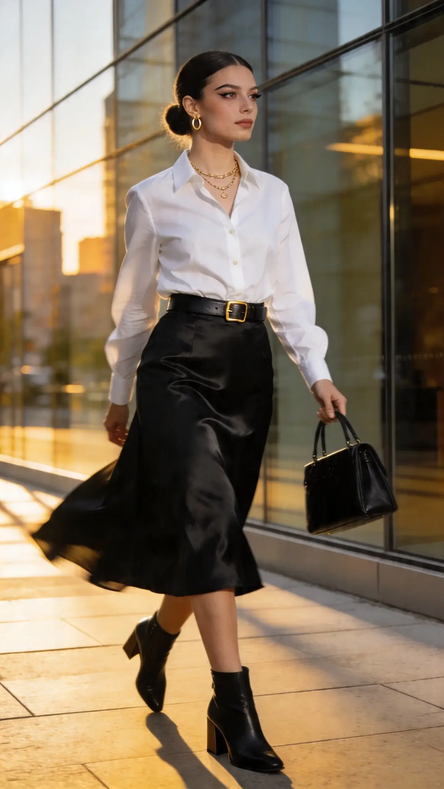 Realistic high-fashion street style photo of a confident professional woman mid-stride outside a modern office building at golden hour. She wears a crisp white cotton poplin button-up shirt fully tucked and lightly bloused, paired with a flowing black satin A-line midi skirt that moves as she walks. On her feet: black leather block-heel ankle boots. Accessories include layered delicate gold necklaces, a slim black leather belt with a minimal gold buckle defining the waist, and a structured black top-handle bag carried in one hand. Subtle cat-eye makeup, neat low bun, small gold hoop earrings. The scene captures natural motion and skirt movement, soft warm sunlight, gentle shadows on polished stone, a hint of city blur in the background. Color palette is timeless monochrome with gold accents; textures read clearly (crisp poplin, sleek satin, smooth leather). Photographed at eye level with a 50mm lens, shallow depth of field, editorial-quality lighting, no text.