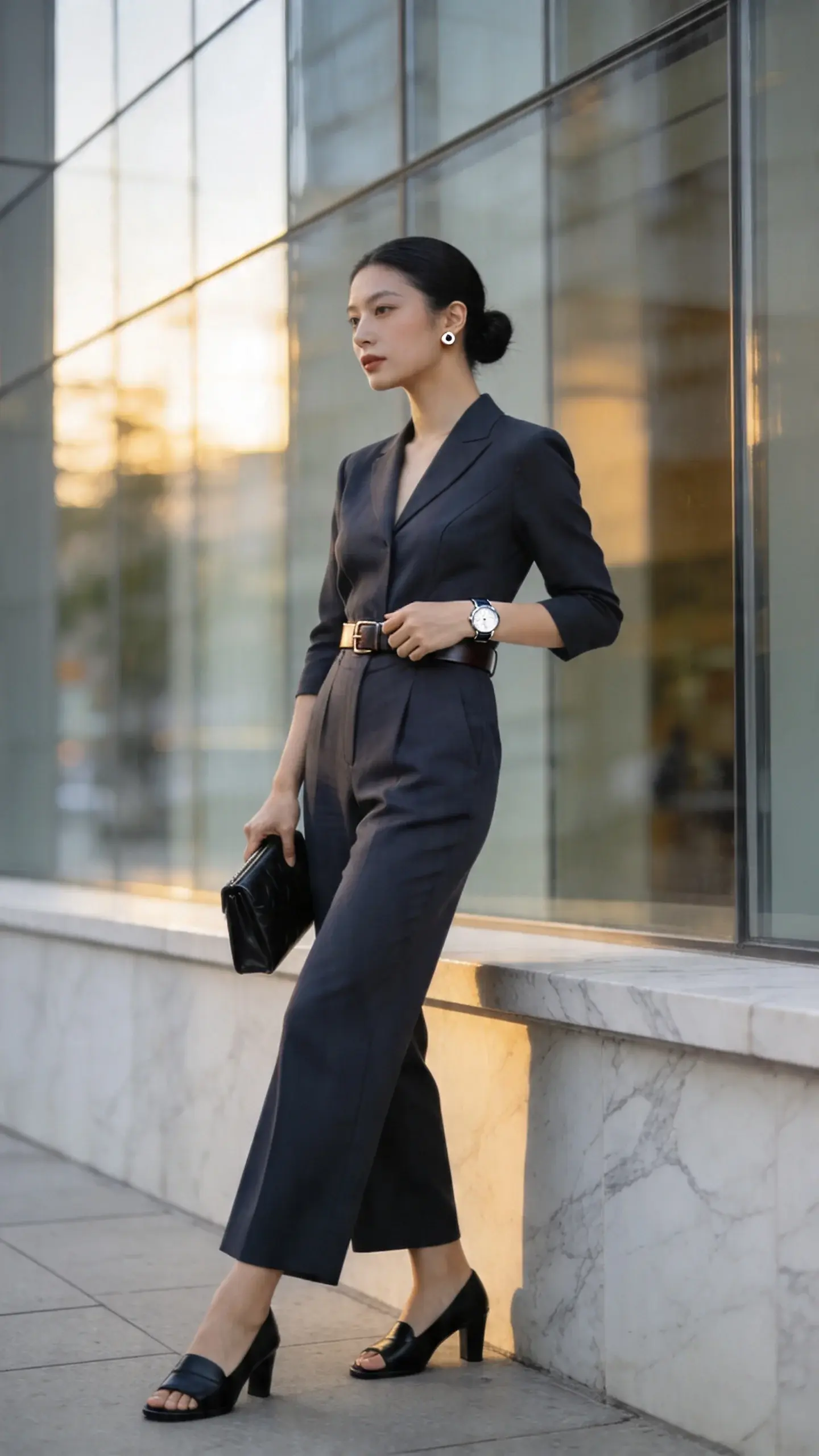 Realistic high-quality street-style photo of a professional woman wearing a chic, tailored jumpsuit that saves “I overslept” mornings: a charcoal or deep navy one-piece with defined waist and subtle darts, straight-to-wide leg hemmed to just graze the top of shoes. She’s cinched with a slim leather belt, paired with black heeled sandals (optional alt: sleek black loafers placed naturally in some shots), a minimalist statement watch in polished steel, tiny stud earrings, and a small structured leather clutch. Natural daylight in an urban business district—glass building facade, soft reflections, shallow depth of field. The jumpsuit fabric has a matte, slightly textured finish that photographs cleanly; impeccable fit through shoulders and waist, fluid drape through legs. Hair smooth and pulled back in a low bun; fresh, natural makeup. Confident mid-stride or leaning casually against a marble ledge, one hand holding the clutch, the other adjusting the belt. Composition prioritizes full outfit with detail cut-ins: belt cinch, watch glint, clean hem hitting just above ankle. Neutral color palette, no logos, no text, editorial fashion photography, crisp focus, soft contrast, 50mm lens look, golden-hour side light for flattering skin tone.