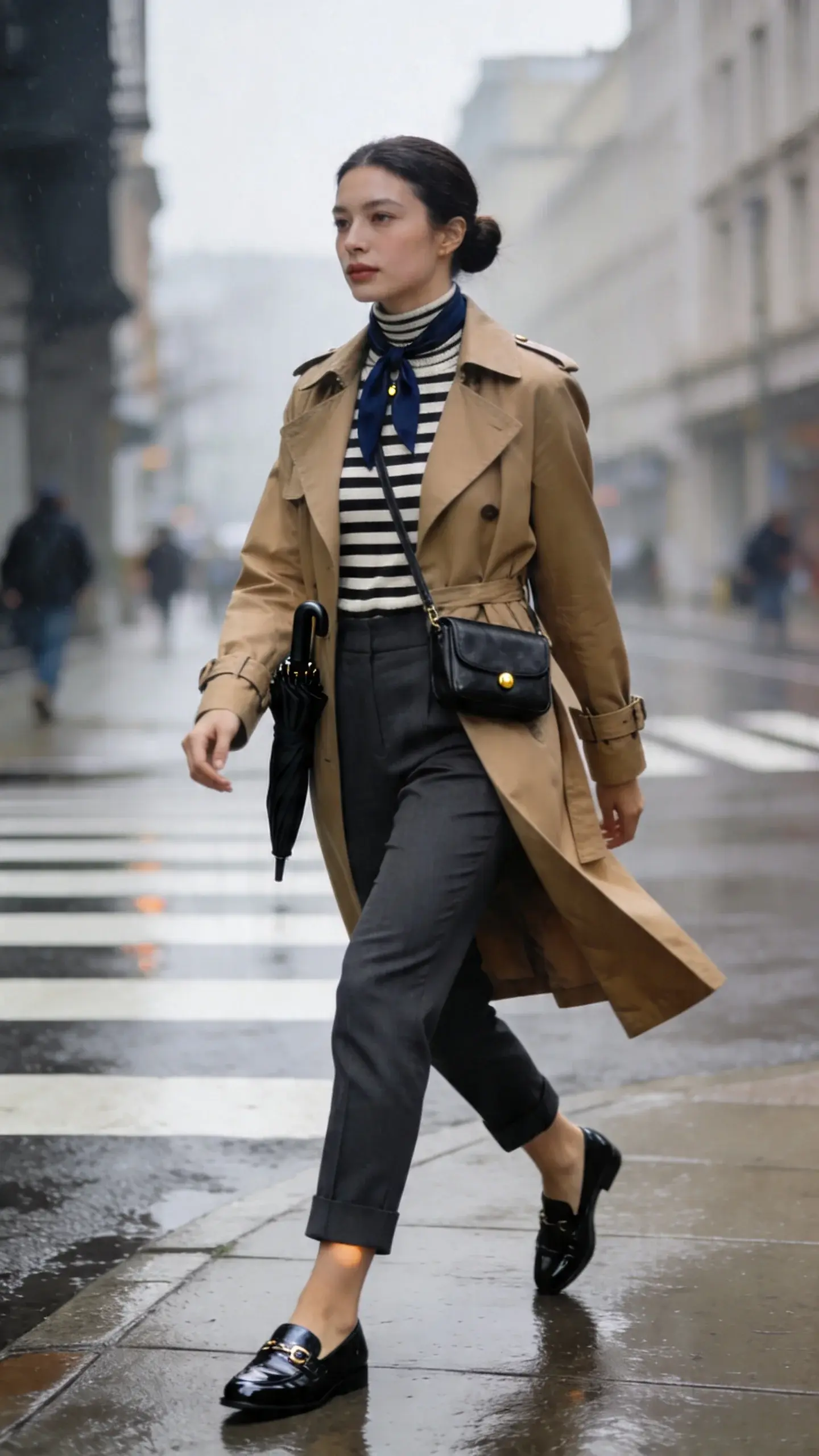 Realistic, high-resolution street-style photo of a professional woman on her morning commute, embodying effortless workwear chic. She wears a classic tan trench coat that hits just above the knee, belted loosely and slightly open to reveal a black-and-ivory striped fine-gauge turtleneck tucked into slim, cropped cigarette trousers in charcoal. On her feet: polished black leather loafers with a subtle shine. Accessories: a thin silk scarf in muted navy tied simply at the neck, minimal gold studs, and a structured black leather crossbody worn across the body; she carries a compact black umbrella folded into the bag for a hands-free look. Hair is sleek in a low bun, natural makeup with soft matte finish. She walks confidently along a damp city sidewalk after light rain, soft overcast morning light reflecting off wet pavement, blurred urban background with crosswalk lines, a few commuters, and neutral-toned buildings. The trench moves slightly with her stride, trousers skim the ankle, revealing a hint of skin. Color palette: tan, charcoal, black, ivory, and navy. Shot on a 50mm lens at eye level, shallow depth of field to keep subject crisp and background softly bokeh’d. No text, editorial-quality fashion photography.
