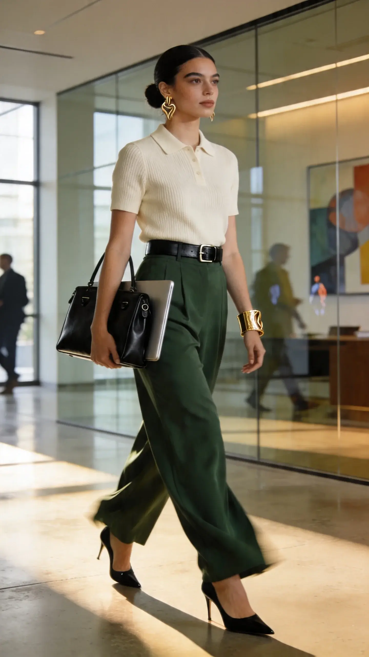 Realistic high-quality fashion photo of a confident professional woman exuding “cool boss energy” walking through a modern sunlit office lobby with floor-to-ceiling windows and polished concrete floors. She wears a cream short-sleeve knit polo, fully tucked, paired with high-waisted forest-green wide-leg drapey crepe pants that skim the floor; a slim clean black leather belt with a minimal buckle; pointed black kitten-heel slingbacks; sculptural gold earrings and a single bold gold cuff bracelet. She carries a sleek structured black leather tote with subtle hardware, a laptop just visible inside. Hair is smooth in a low bun, natural makeup with soft matte skin and defined brows. The silhouette is proportional and modern, with relaxed-smart polish. Lighting is soft, directional, and natural, highlighting fabric texture (fine-gauge knit, fluid crepe), and capturing movement in the wide legs. Background details: blurred colleagues in muted tones, contemporary art, subtle reflections on glass. Shot on a 50mm lens, eye-level, slight motion blur at the hem for dynamic stride, editorial street-style-meets-office vibe, no text.