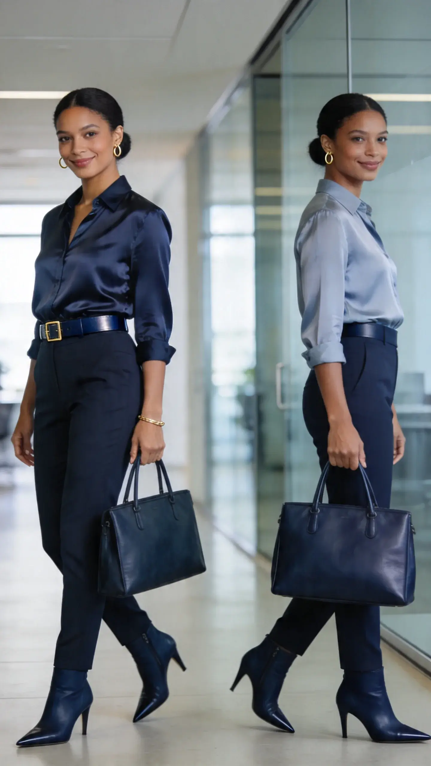 Realistic, high-quality fashion photo of a professional woman in an office hallway wearing a smart monochrome outfit that looks expensive without trying. She’s mid-30s, medium-dark skin tone, natural makeup, sleek low bun. Outfit: tailored high-waisted trousers in deep navy with a matte finish, matching tonal silk satin blouse in a slightly lighter navy tucked in, slim coordinating navy leather belt with a minimal gold buckle, heeled navy leather ankle boots with a pointed toe. Accessories: small gold minimal hoop earrings and a slim gold bracelet, structured navy leather tote. Styling emphasizes “one color, multiple textures”—matte trousers contrasted with glossy silk blouse and smooth leather accessories. Pose: walking confidently, slight turn toward camera, soft smile, hands lightly holding tote. Setting: modern corporate office corridor with glass walls, soft natural daylight, subtle depth of field. Photographic details: full-length portrait, eye-level angle, 50mm lens look, crisp focus on subject, gentle bokeh background, true-to-life color grading, no text, editorial fashion lighting.