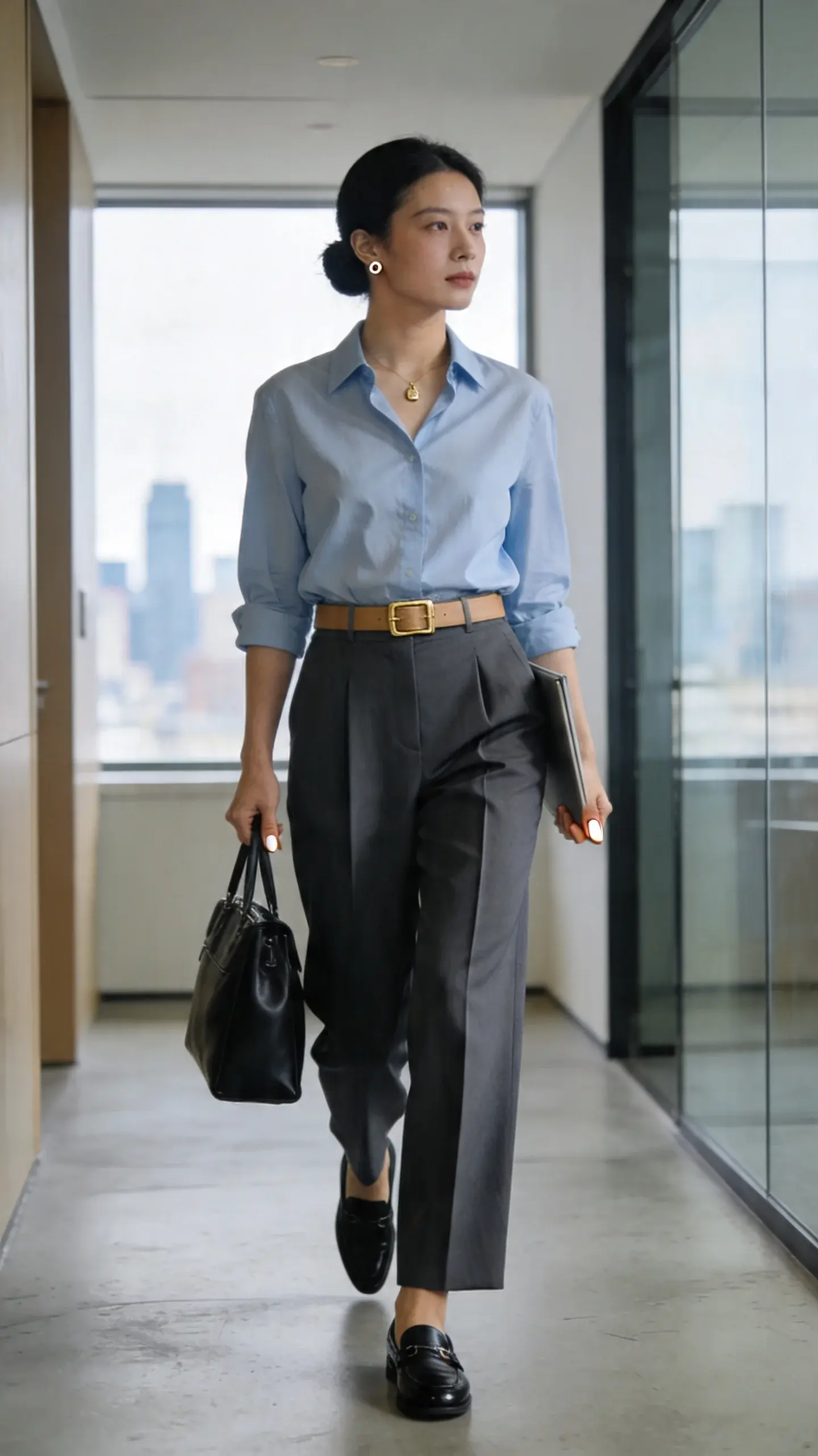 A confident professional woman in a modern office hallway, wearing a crisp slightly oversized pale blue button-up shirt cleanly tucked into high-waisted charcoal gray wide-leg trousers with a sharp steamed front crease; a slim tan leather belt with a minimal gold buckle; polished black leather loafers; subtle gold pendant necklace and tiny stud earrings. She carries a structured black leather tote and a slim folder, mid-stride with natural motion, soft daylight from large windows, blurred city skyline outside. Hair in a neat low bun, minimal natural makeup, short neutral nails. Neutral-toned interior with matte concrete floors and glass partitions, soft depth of field, professional editorial fashion photography, 50mm lens, eye-level composition, high-resolution, realistic textures and crisp tailoring. No text.