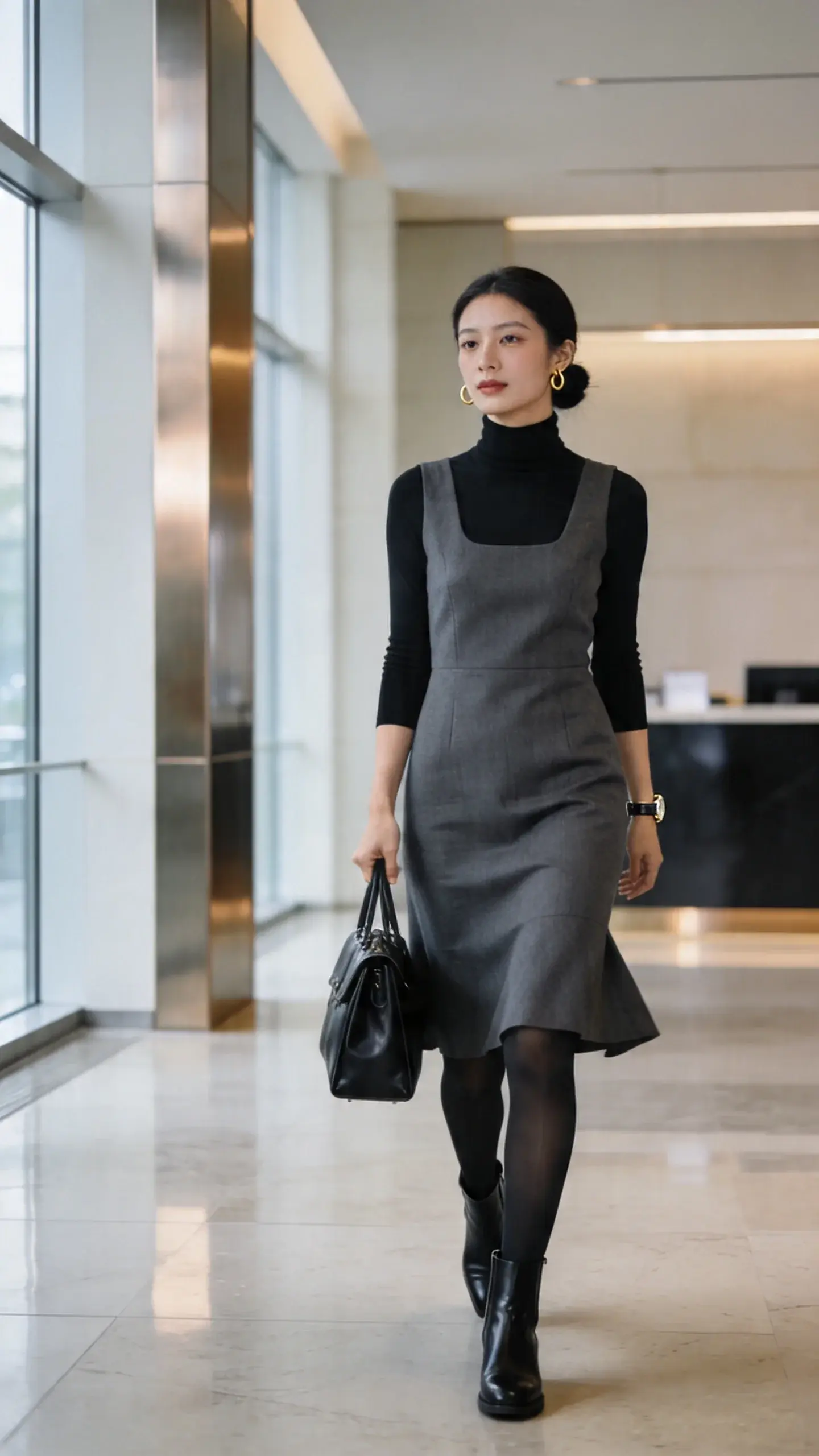 Realistic high-quality fashion photo of a professional woman in an office lobby wearing the “layered turtleneck under sleeveless dress” look: a fitted black second-skin turtleneck layered under a charcoal gray sleeveless A-line midi dress, black opaque tights, sleek black leather Chelsea boots, and a structured black leather satchel carried in hand. She has minimal jewelry (small gold hoops, simple watch), neat low bun, natural makeup. Scene shows clean, modern corporate interior with soft daylight from floor-to-ceiling windows, neutral stone floors, brushed metal accents, and a blurred reception desk in the background. Composition is three-quarter length, straight-on, capturing the smooth layering with no bunching at the shoulders and a tailored, polished silhouette; subtle movement in the hem as she strides. Color palette kept simple: black, gray, and cream light reflecting from the environment. Photorealistic, 50mm lens, shallow depth of field, balanced soft lighting, editorial street-style-meets-office vibe, no text.