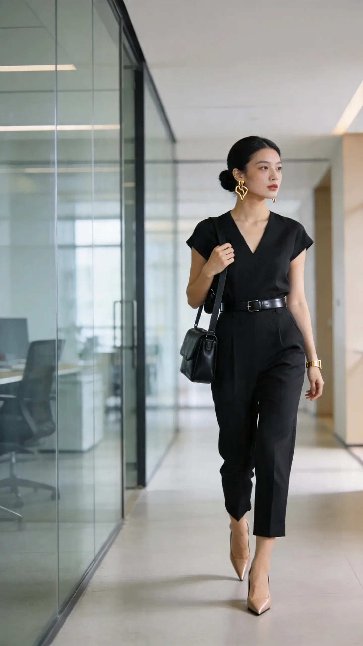 Realistic high-quality fashion photograph of a professional woman in a modern office hallway wearing a tailored, seasonless black jumpsuit with a clean V-neck, short sleeves, and a tapered, hemmed ankle that hits just above the shoe; optional thin black leather belt subtly defining the waist. Footwear: pointed-toe nude heels (sleek leather). Accessories: sculptural gold statement earrings and a minimal gold cuff; compact structured black shoulder bag with a short strap tucked under the arm. Styling: smooth hair in a low polished bun, fresh natural makeup with a soft matte finish. Fabric of the jumpsuit is medium-weight with a slight sheen, draping cleanly without pooling. Setting: bright contemporary corporate interior with glass walls, soft daylight, and neutral tones; shallow depth of field to keep the subject crisp. Pose: mid-stride, confident posture, one hand lightly adjusting the bag strap, the other relaxed. Photographic details: full-length shot at eye level, 50mm lens equivalence, balanced natural lighting with gentle shadows, true-to-life color, editorial street-style vibe, no text.