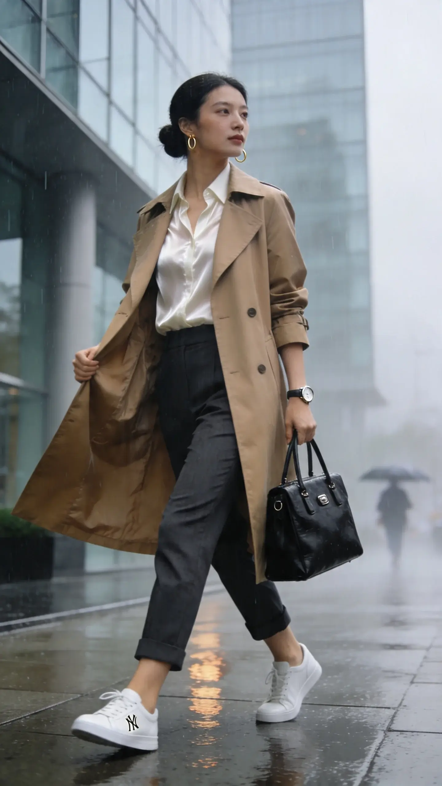 Realistic high-quality street-style photograph of a professional woman in an early-morning city setting during light drizzle, embodying “9 Office Outfit Ideas for Women That Work in Any Season Now.” She wears a tailored tan trench coat with sharp shoulders and a belted waist, over cropped straight-leg trousers in charcoal, and a breathable ivory silk blouse peeking at the collar. Footwear: sleek white leather sneakers with minimal branding. Accessories: structured black leather tote with subtle hardware, slim watch, delicate gold hoop earrings. Hair: neat low bun; makeup fresh and natural. She’s mid-stride on a wet sidewalk with soft reflections, holding the trench slightly open to show clean layering. Background: modern office building with glass facade, overcast sky, faint mist, and a passerby with an umbrella out of focus to suggest unpredictable weather. Lighting: soft diffused daylight with gentle highlights on the trench’s fabric texture. Color palette: neutrals (tan, charcoal, ivory, black) with subtle metallic accents. Shot on a 50mm lens, eye-level, shallow depth of field for a crisp subject and creamy bokeh. No text.
